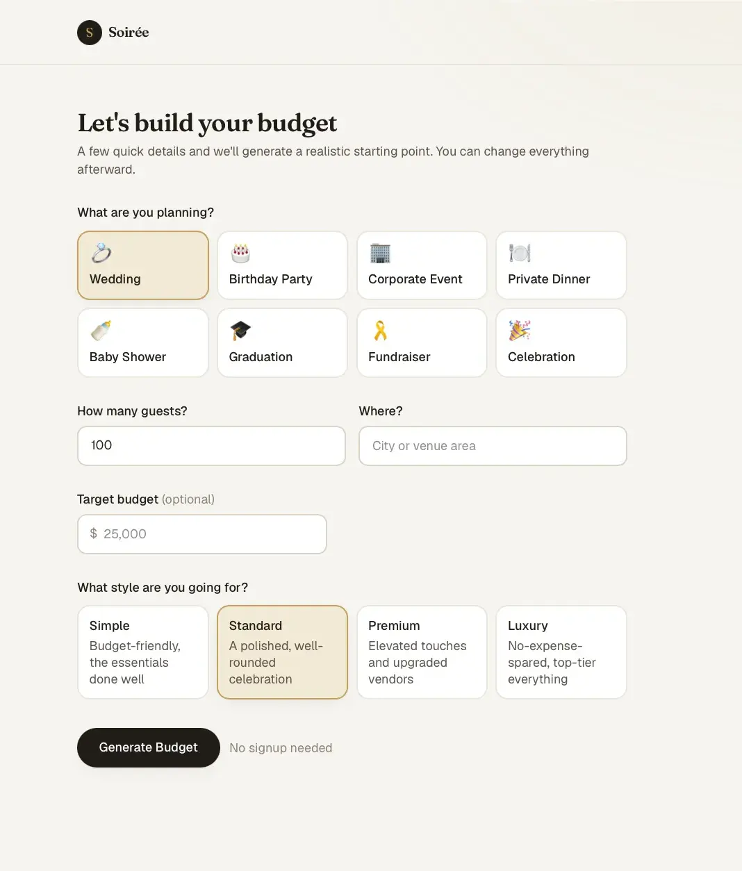 Soirée 'Let's build your budget' setup form: event-type tiles (wedding selected), guest count, location, optional target budget, and style options from Simple to Luxury.