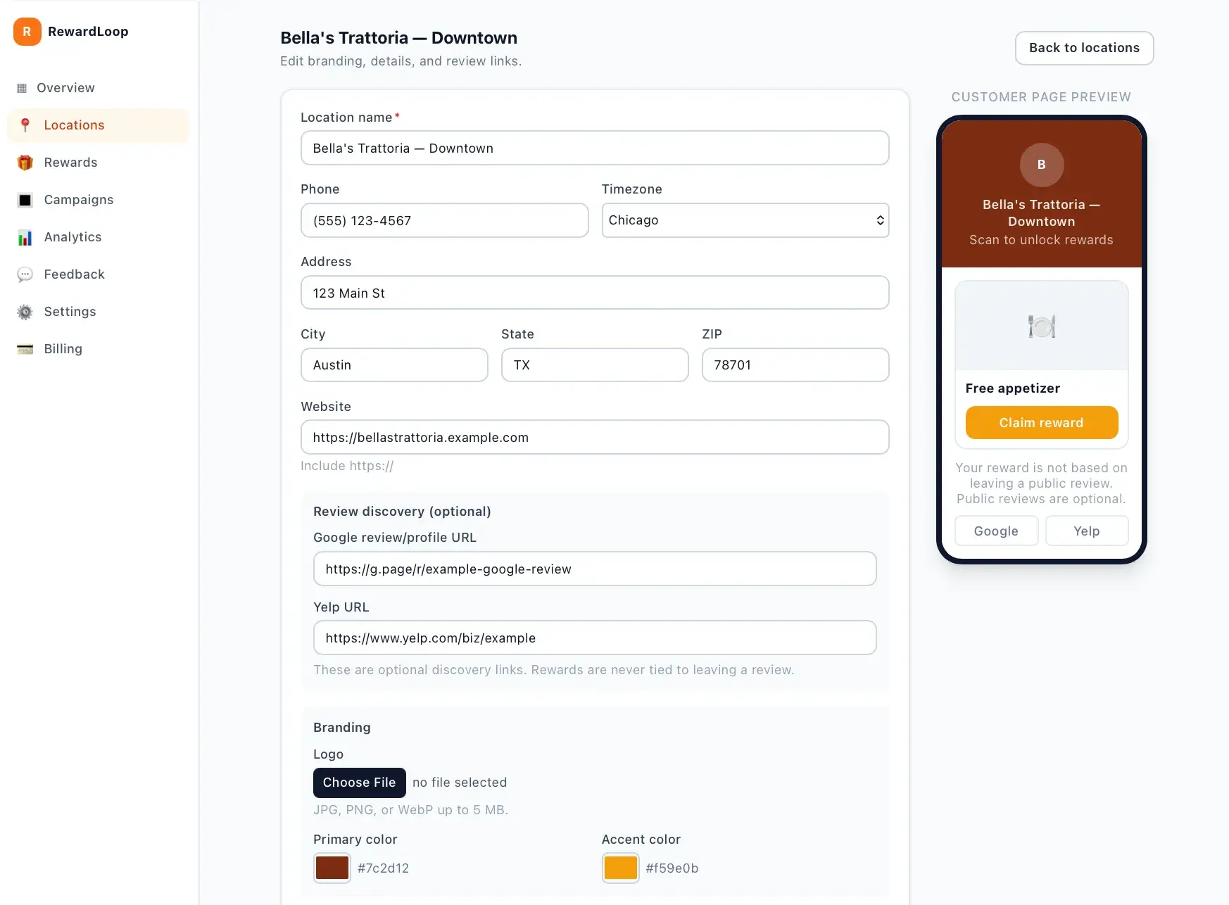 Location editor for Bella's Trattoria with name, contact, address, review-discovery, and branding fields beside a live customer-page phone preview.