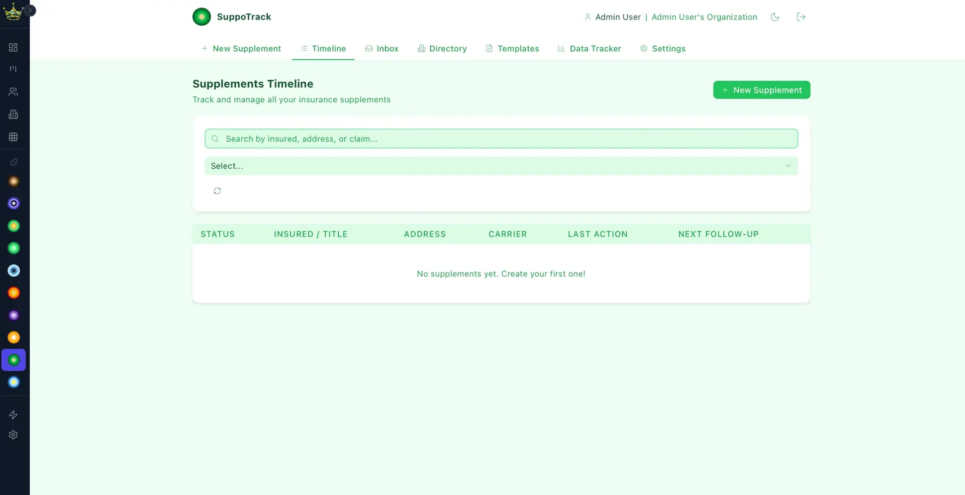 SuppoTrack Supplements Timeline within CRM Empire with search and filter controls and an empty table reading No supplements yet