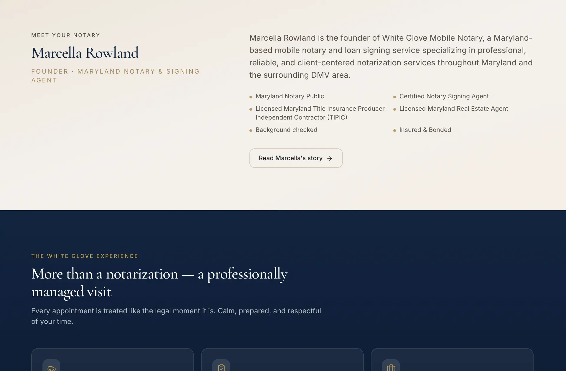 Notary site 'Meet your notary' bio for founder Marcella Rowland listing Maryland credentials, above a dark 'White Glove experience' section