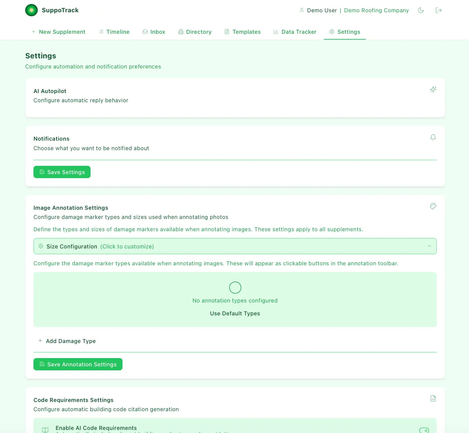 SuppoTrack Settings page with AI Autopilot, Notifications, and Image Annotation Settings sections; the annotation section shows no configured types and an Add Damage Type option