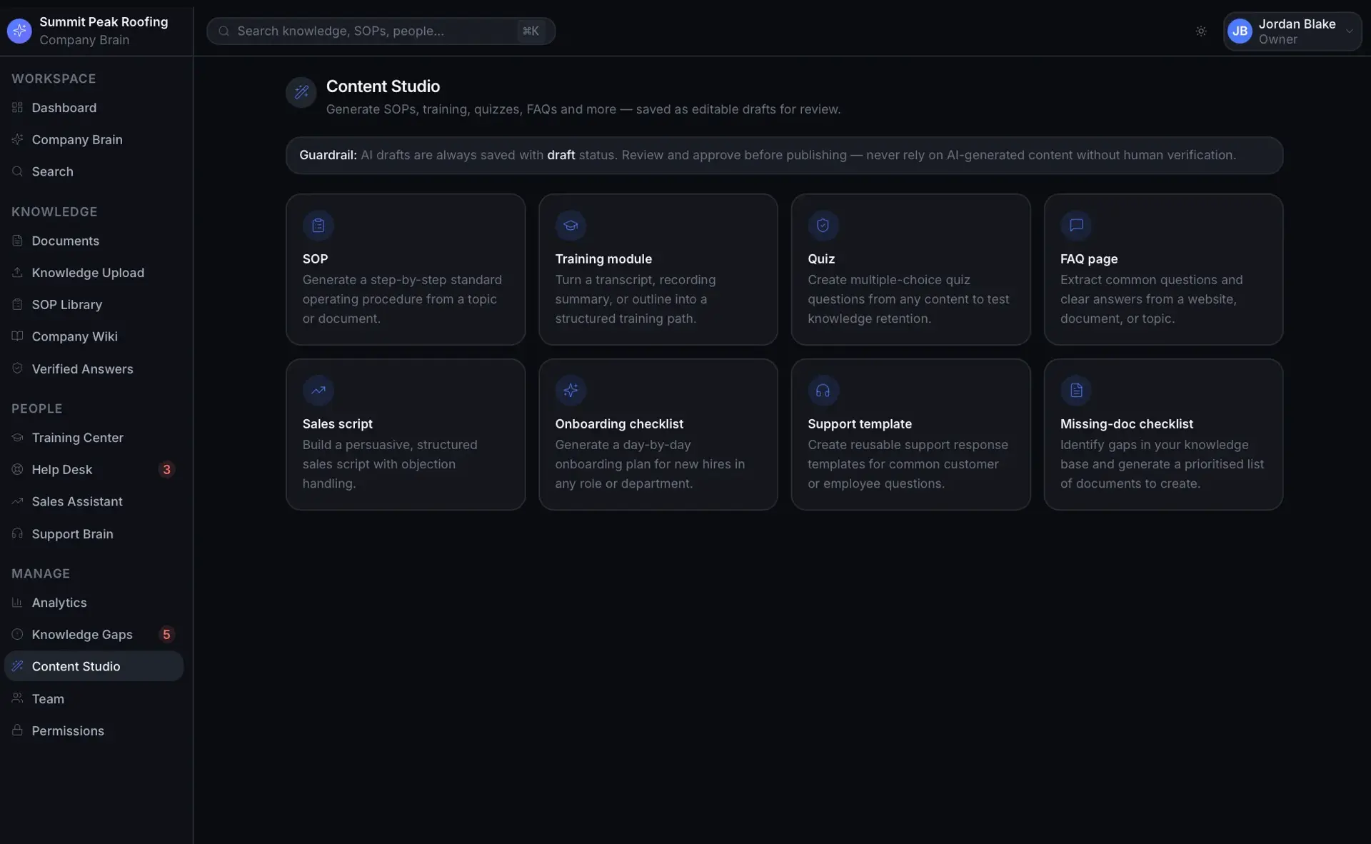 Content Studio with a guardrail notice and a grid of AI generator cards for SOP, training module, quiz, FAQ, sales script, and checklists.
