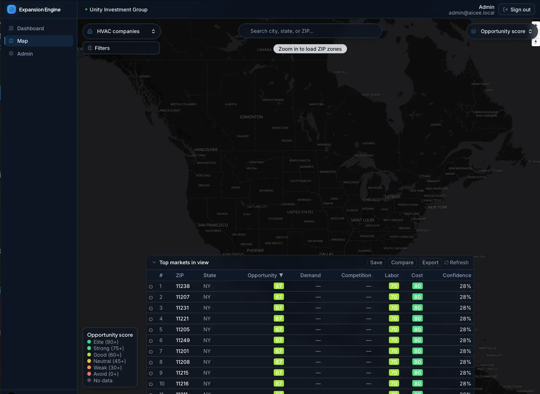 Expansion Engine map view of the US with a "Zoom in to load ZIP zones" prompt and a bottom table ranking top NY ZIP markets by opportunity score.