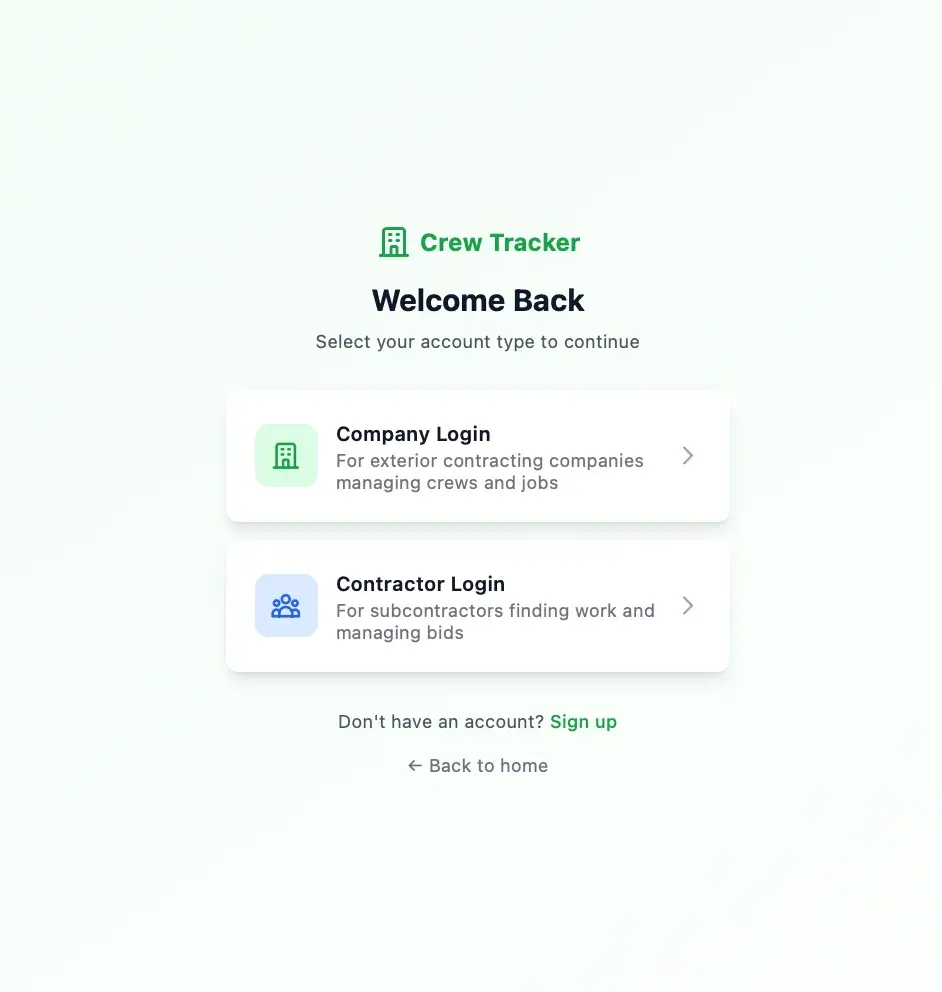Crew Tracker login screen prompting to select an account type, with Company Login and Contractor Login options