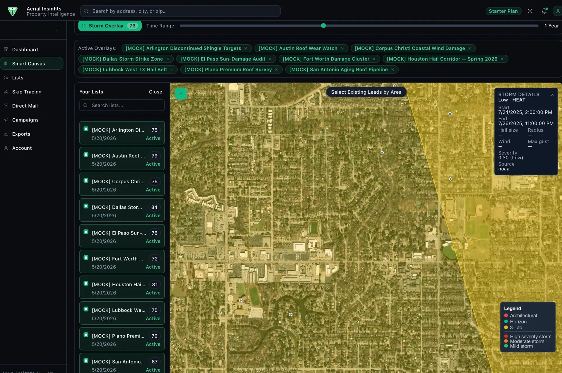 Aerial Insights Smart Canvas zoomed to a residential neighborhood in satellite view, with individual property lead pins, the lists sidebar, and an open storm-details panel.