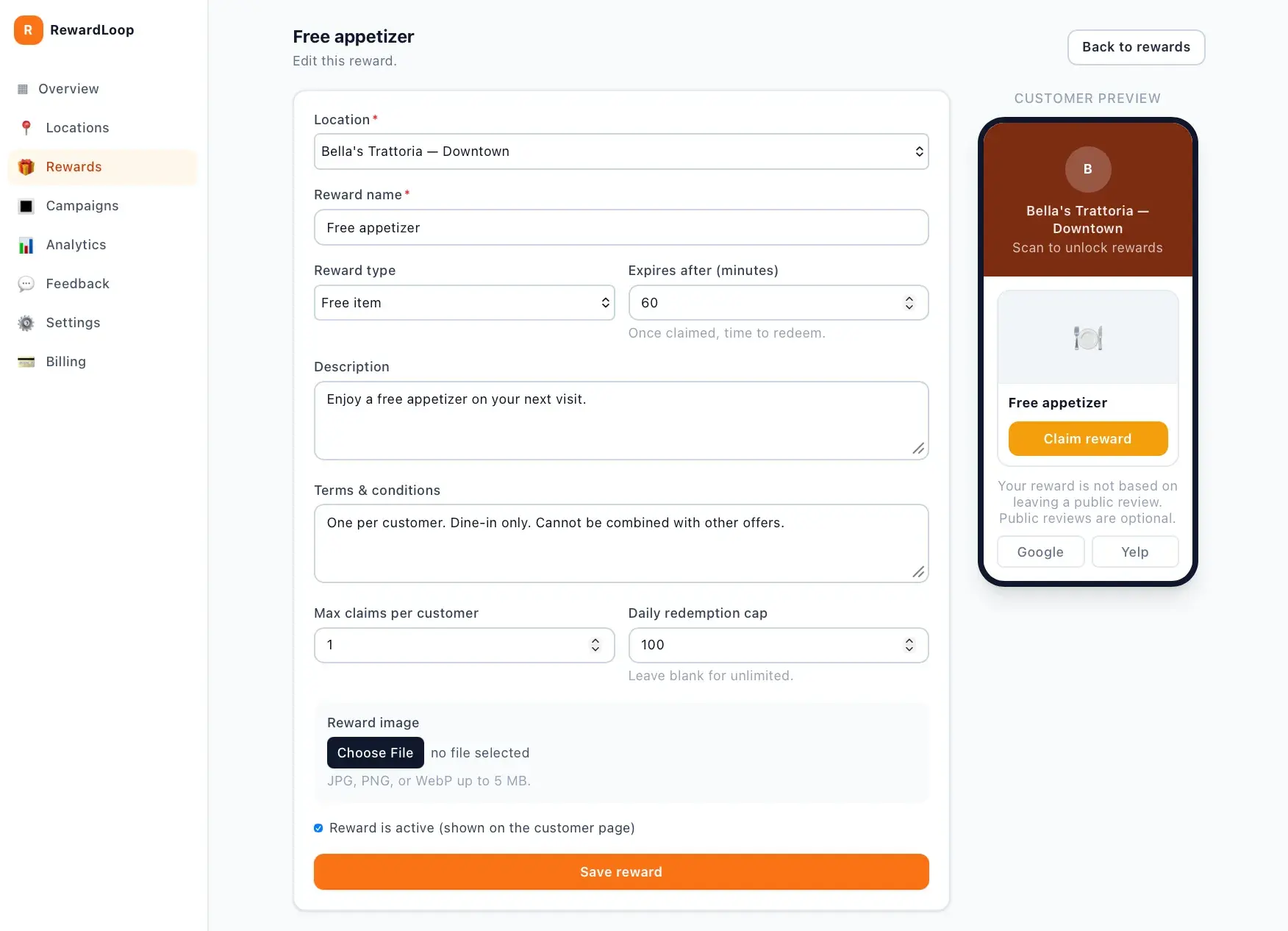 Reward editor for a Free appetizer with type, expiry, description, terms, claim caps, and active toggle beside a customer-page phone preview.