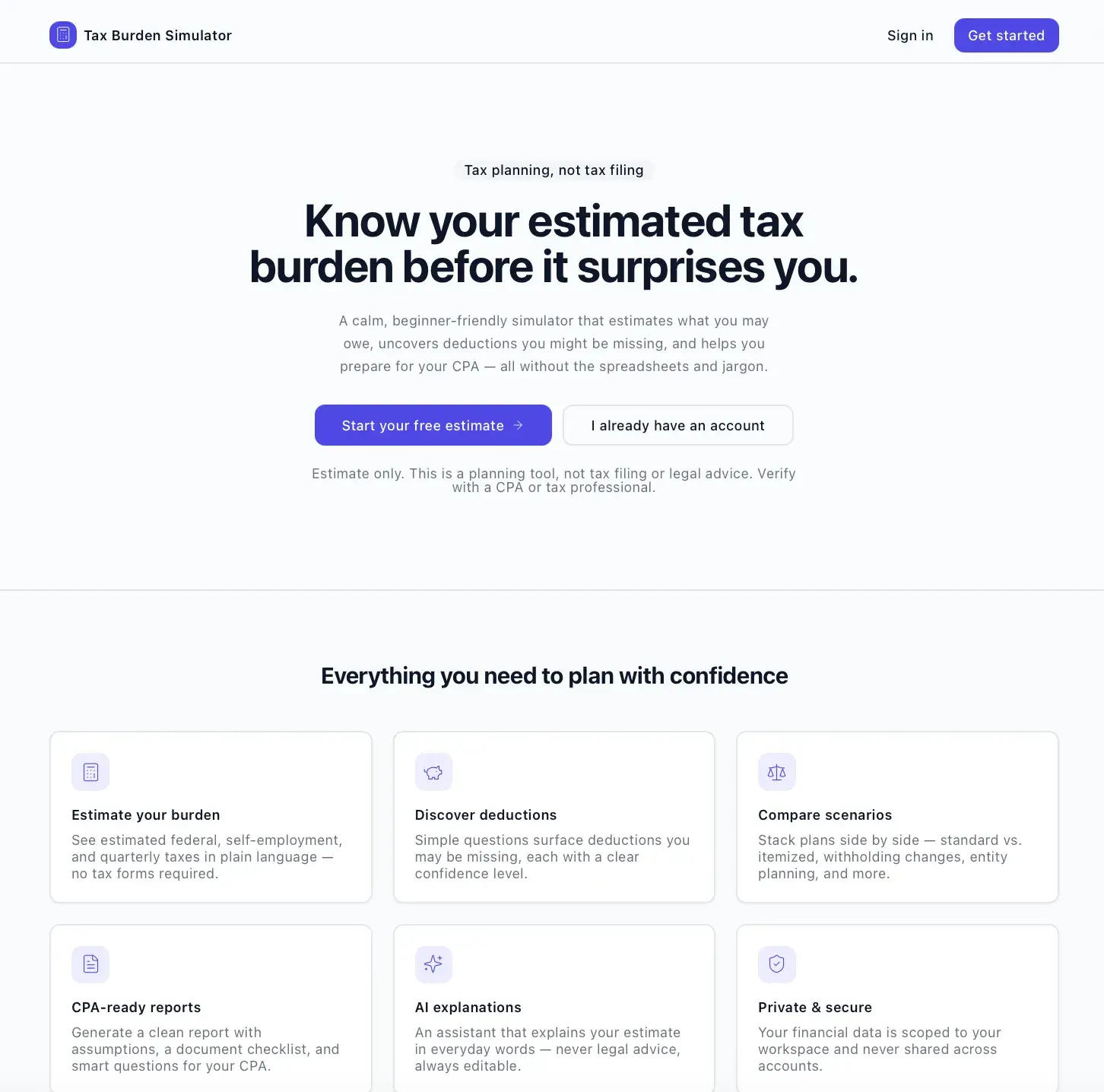 Tax Burden Simulator landing page with headline 'Know your estimated tax burden before it surprises you', a Start your free estimate button, and feature cards.