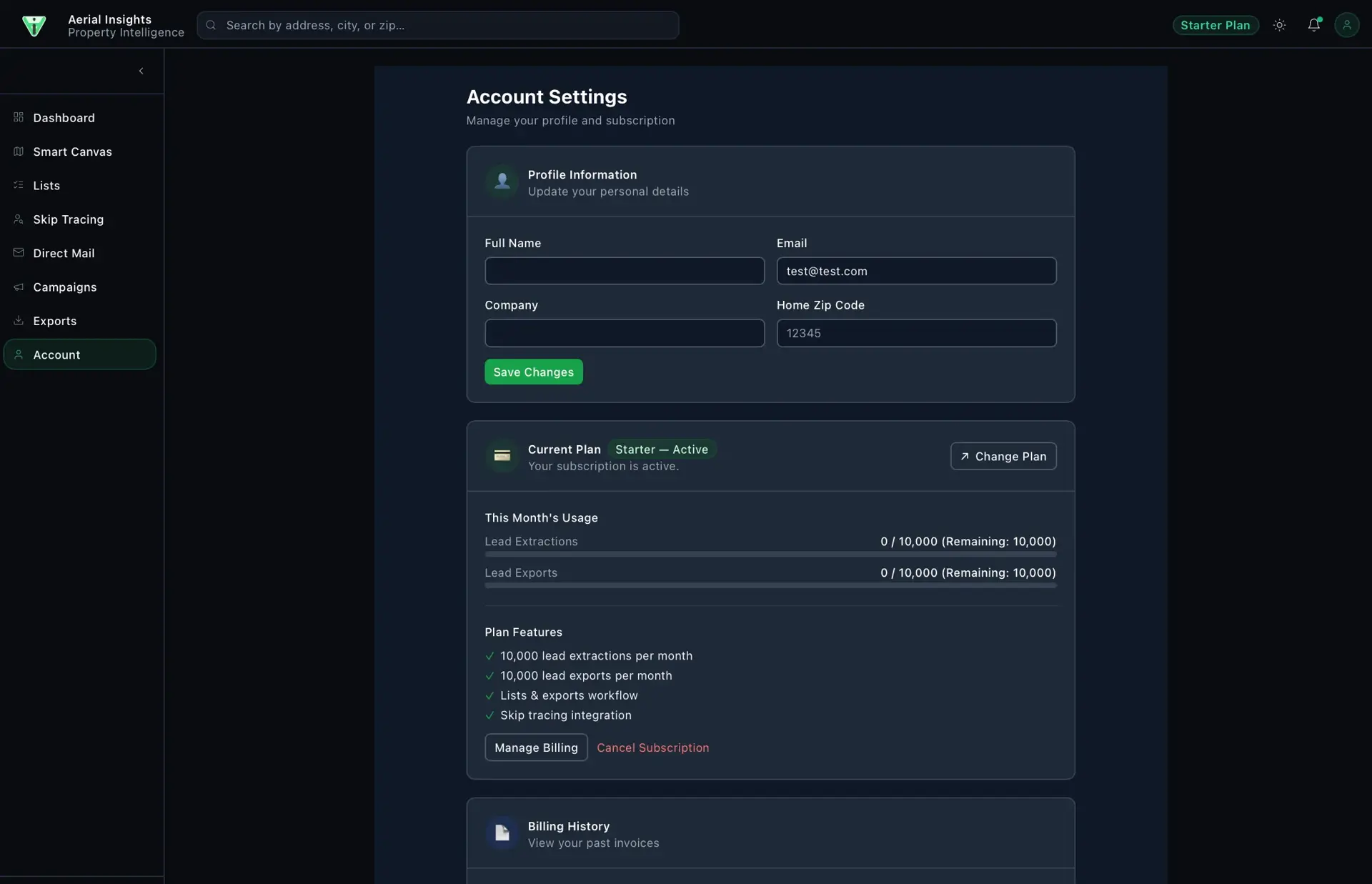 Aerial Insights Account Settings page with a profile-information form, a Starter plan card showing usage meters (0/10,000 extractions and exports) and plan features.