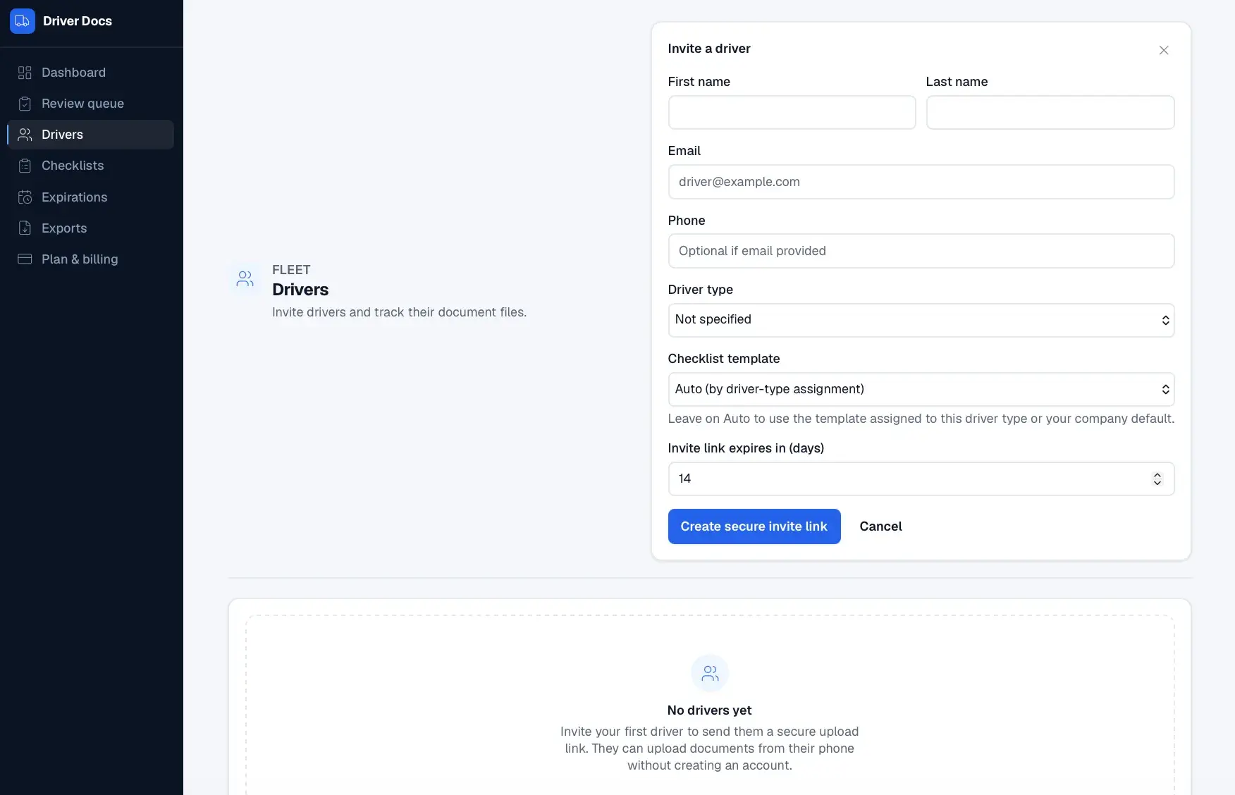 Drivers page with an 'Invite a driver' form open, collecting name, email, phone, driver type, checklist template, and invite-link expiry, over an empty driver list.