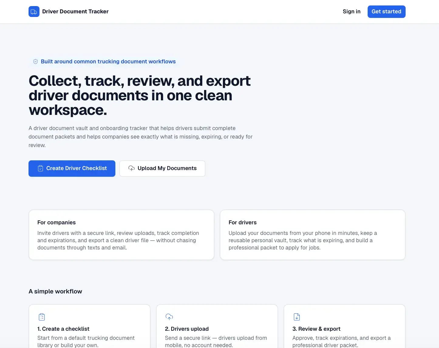 Driver Document Tracker marketing landing page headlined 'Collect, track, review, and export driver documents in one clean workspace,' with For companies and For drivers panels.