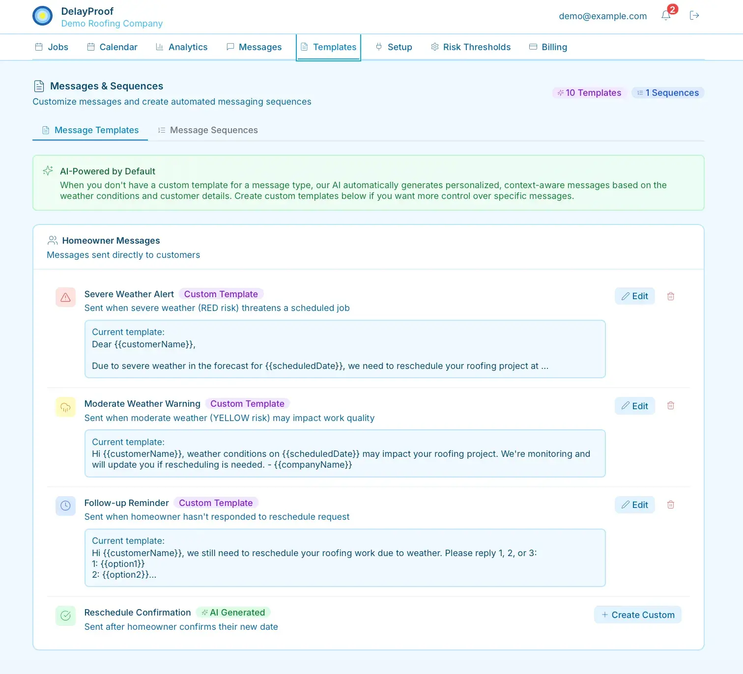 DelayProof Messages & Templates page listing homeowner message templates for severe weather, moderate weather, follow-up, and reschedule confirmation with edit controls.