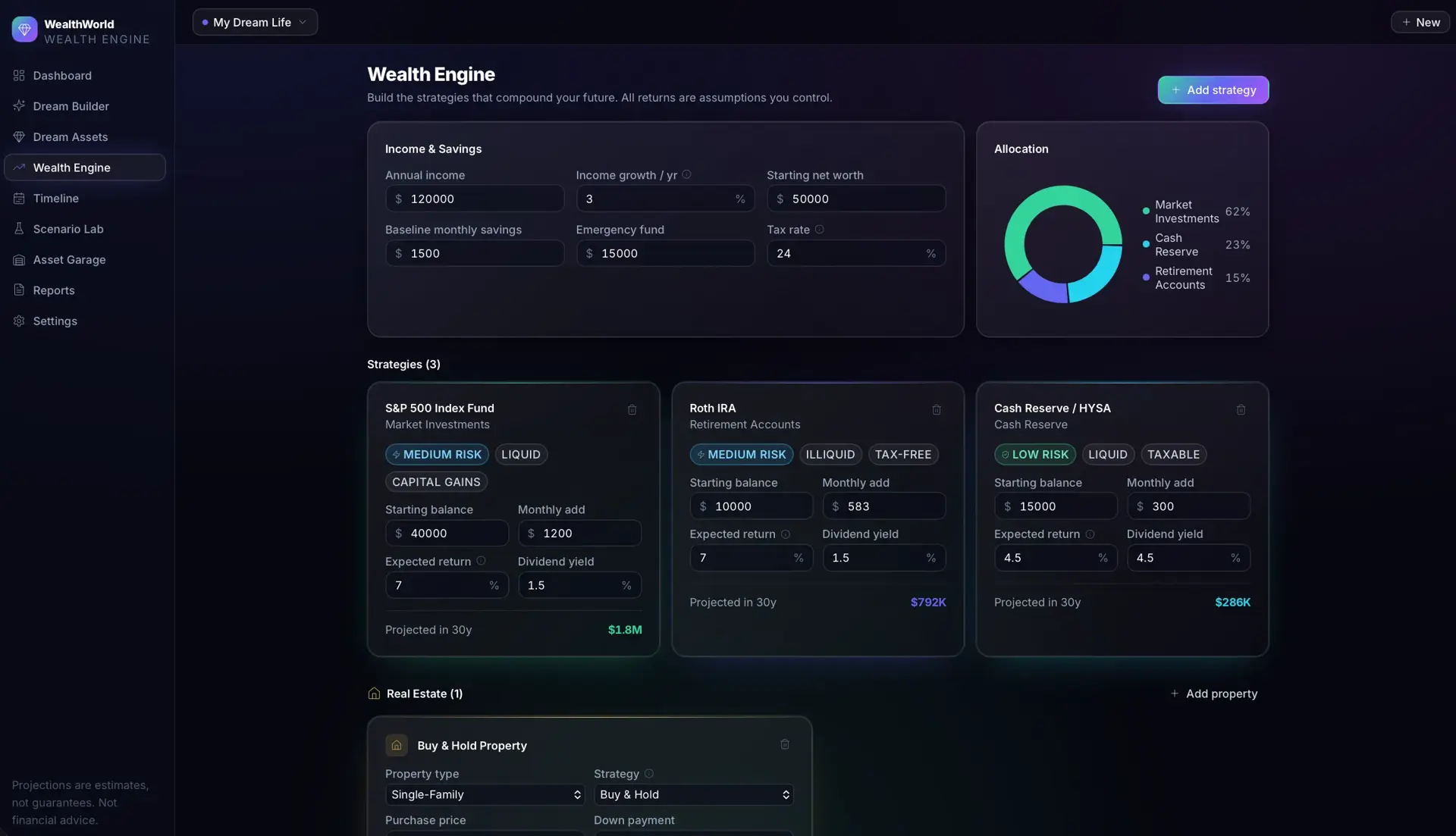 Wealth Engine strategy builder with income and savings inputs, an allocation donut chart, and cards for S&P 500 Index Fund, Roth IRA, and Cash Reserve strategies with 30-year projections.