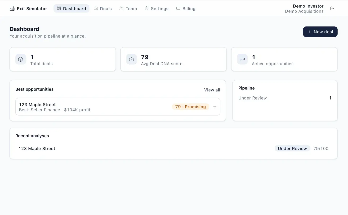 Exit Simulator dashboard for Demo Acquisitions with total deals, average Deal DNA score, and active opportunities tiles, a best-opportunities card for 123 Maple Street, and a pipeline panel.