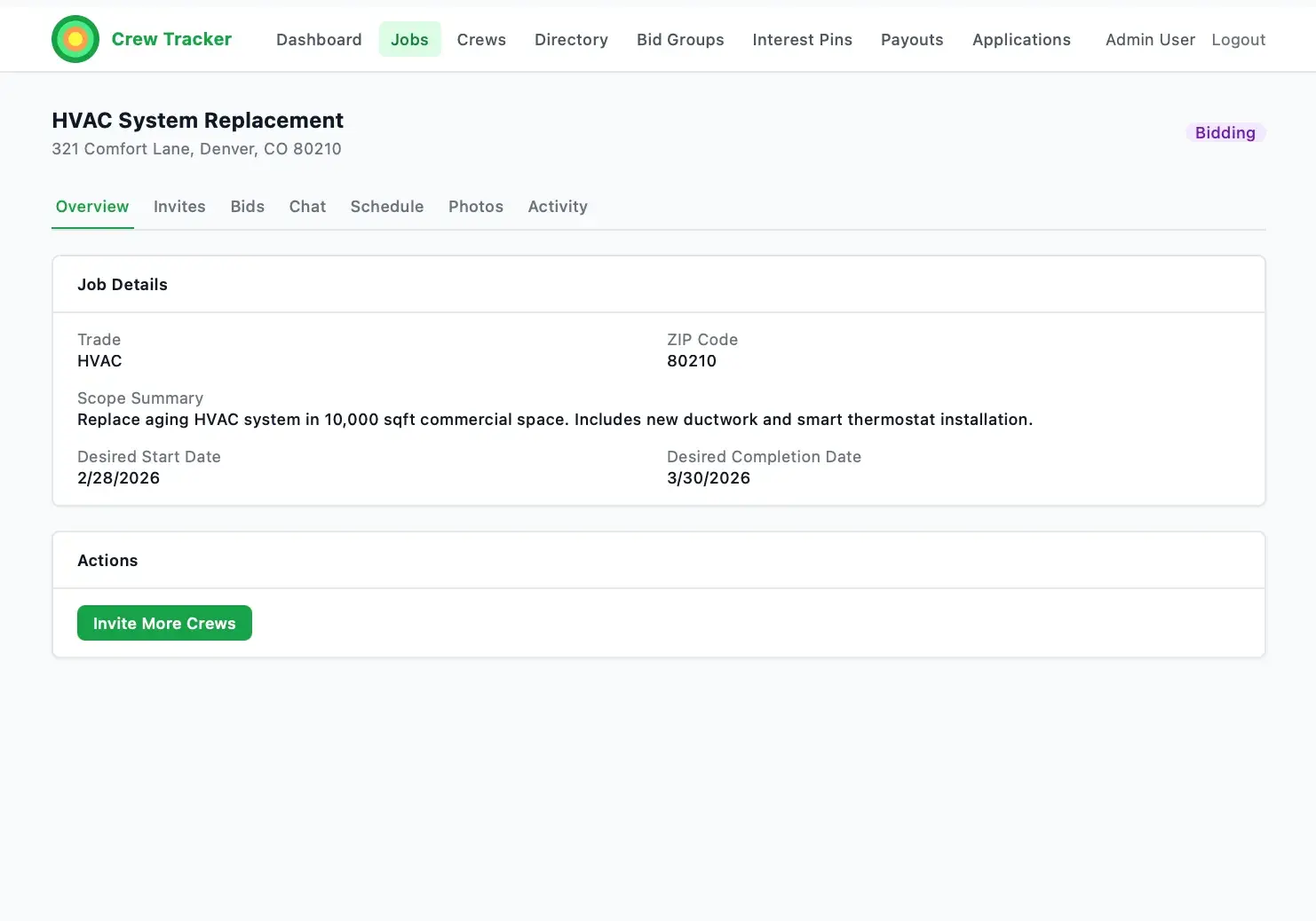 Crew Tracker job detail for HVAC System Replacement showing trade, ZIP, scope summary, desired dates, and an Invite More Crews action