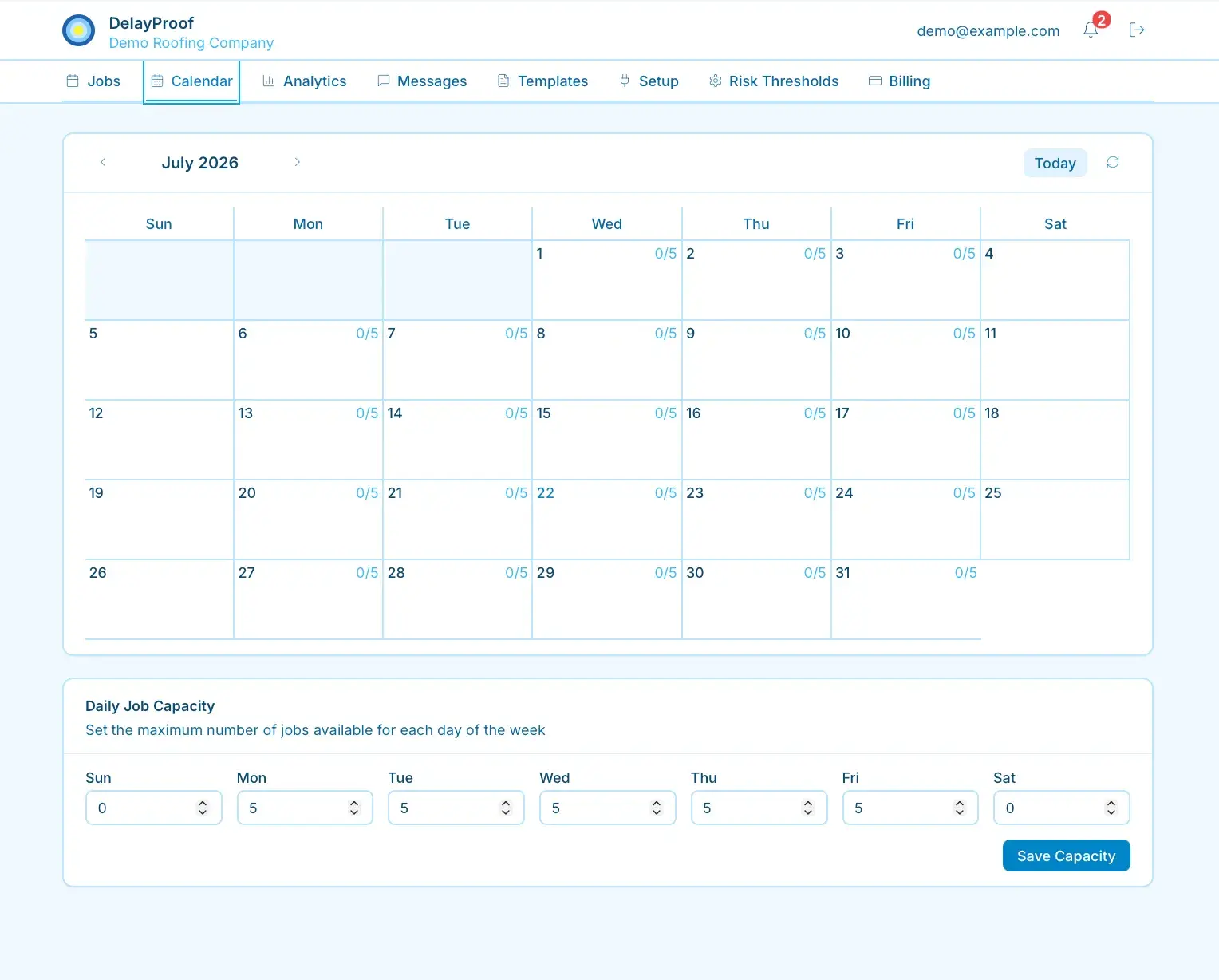 DelayProof calendar for July 2026 showing per-day job capacity (0/5), with a Daily Job Capacity panel to set max jobs for each weekday.