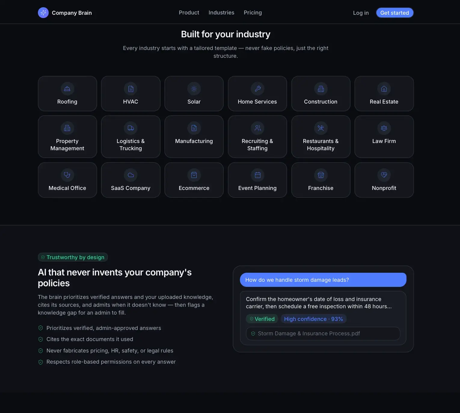 Company Brain industries section with a grid of industry templates and a trust section showing a verified, cited AI chat answer about storm damage leads.