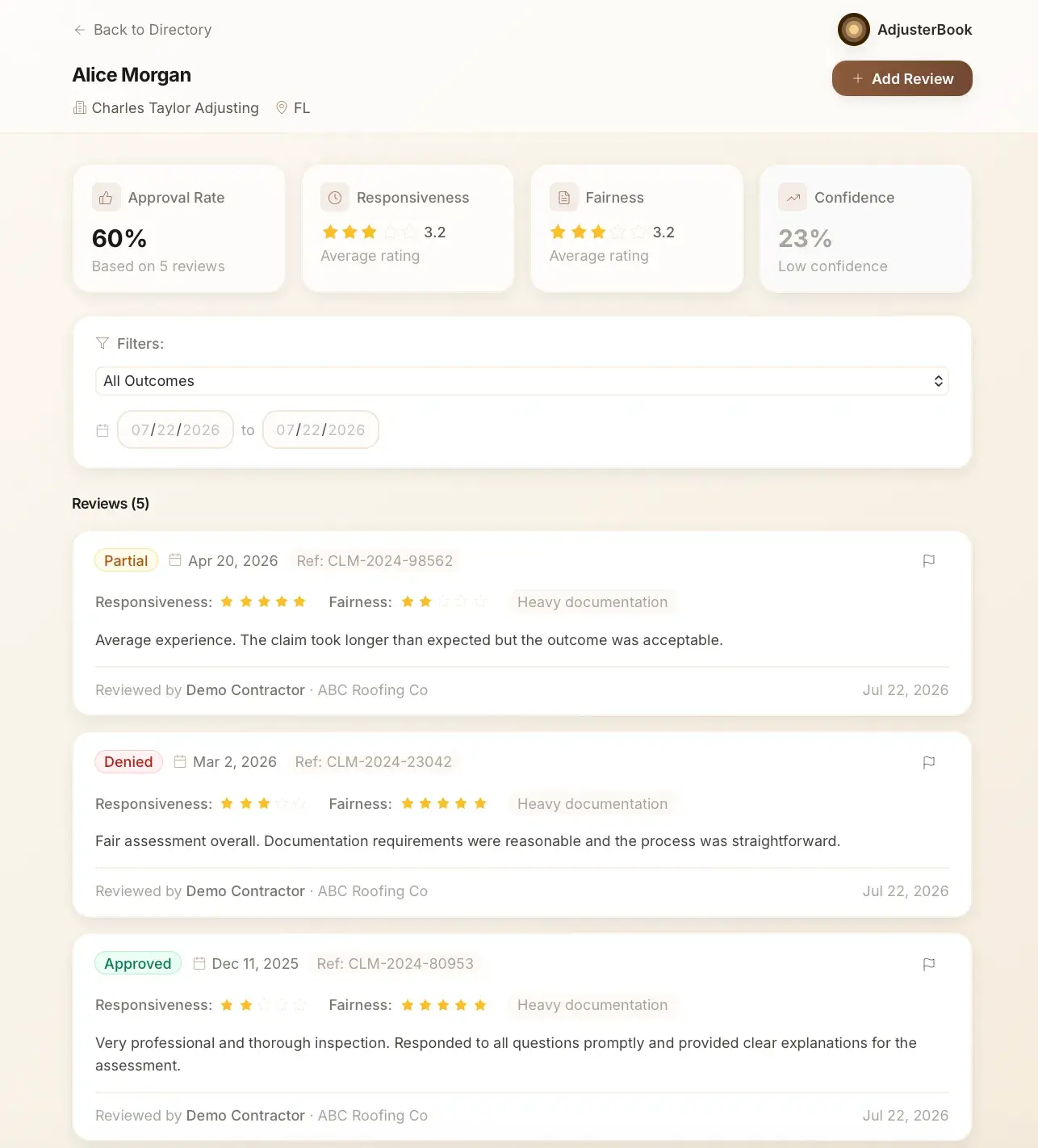 Adjuster profile for Alice Morgan with 60% approval, responsiveness and fairness stats, and a list of reviews tagged partial, denied, and approved.