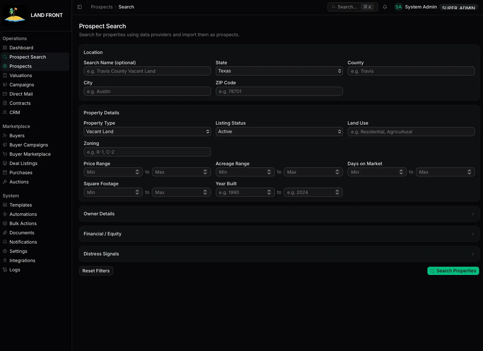 Prospect Search form for finding properties by location and property details, with fields for state, county, property type, price, acreage, and collapsible owner and distress sections.