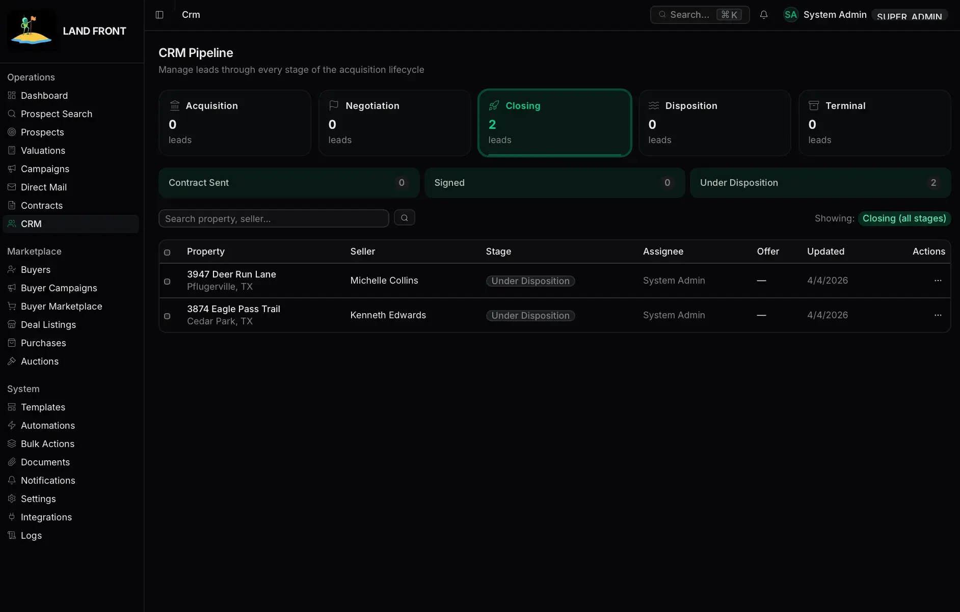 CRM Pipeline view filtered to the Closing stage showing stage tiles and a table of two leads under disposition with property, seller, stage, and assignee.