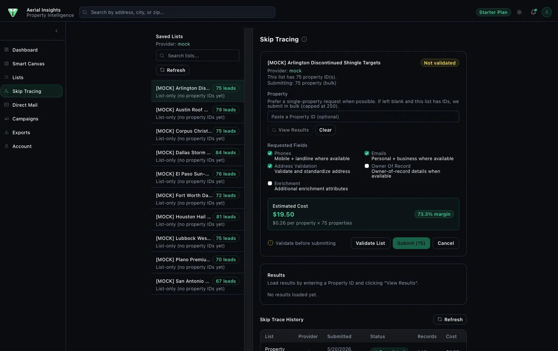 Aerial Insights Skip Tracing page: a saved-lists sidebar and a request form for the Arlington list (75 properties) with requested-field checkboxes and an estimated cost of $19.50.