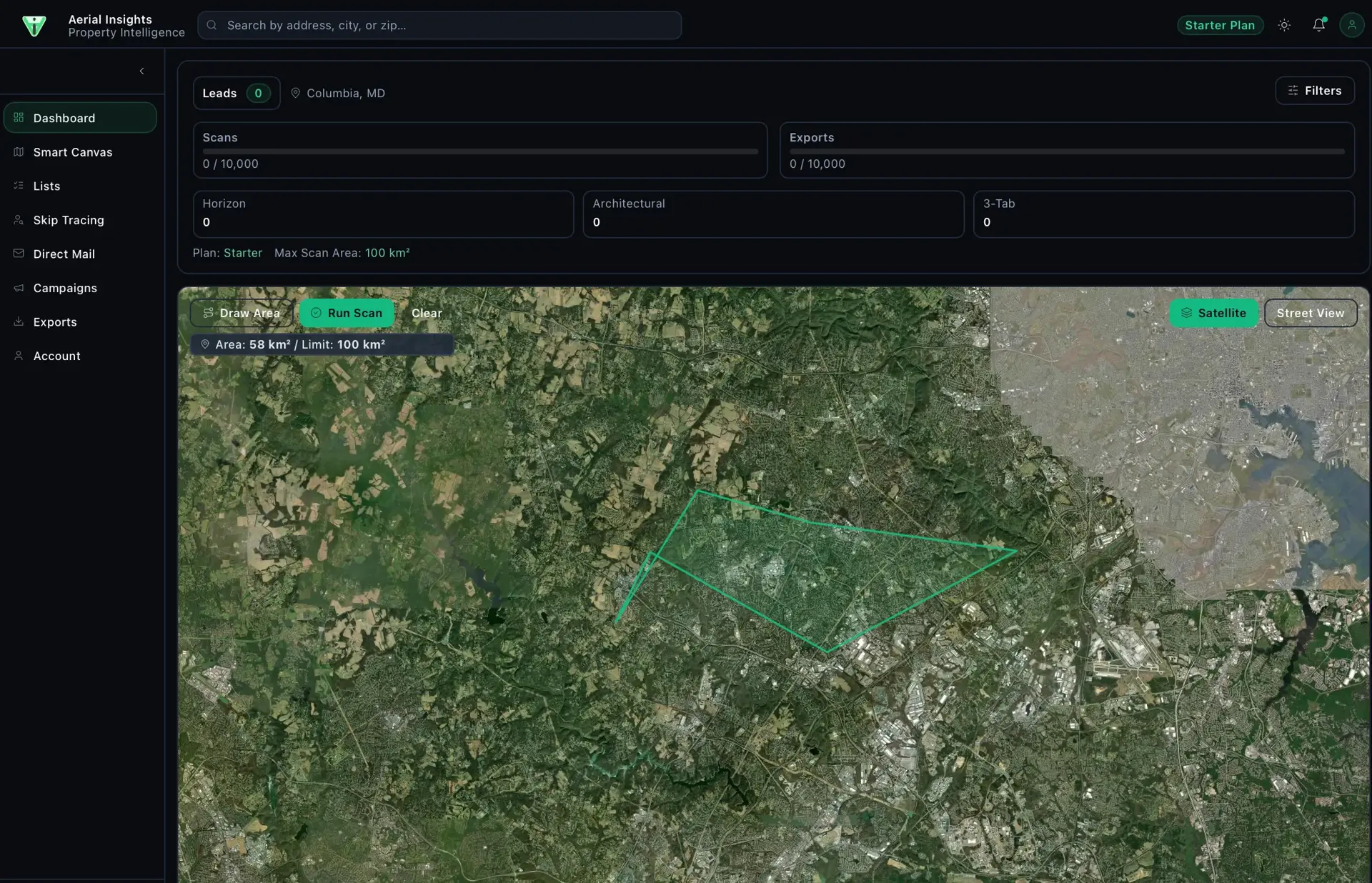 Aerial Insights dashboard with a dark left nav and a satellite map of Columbia, MD; a drawn 58 km² scan polygon, usage meters for scans and exports (0/10,000), and roof-type counters.