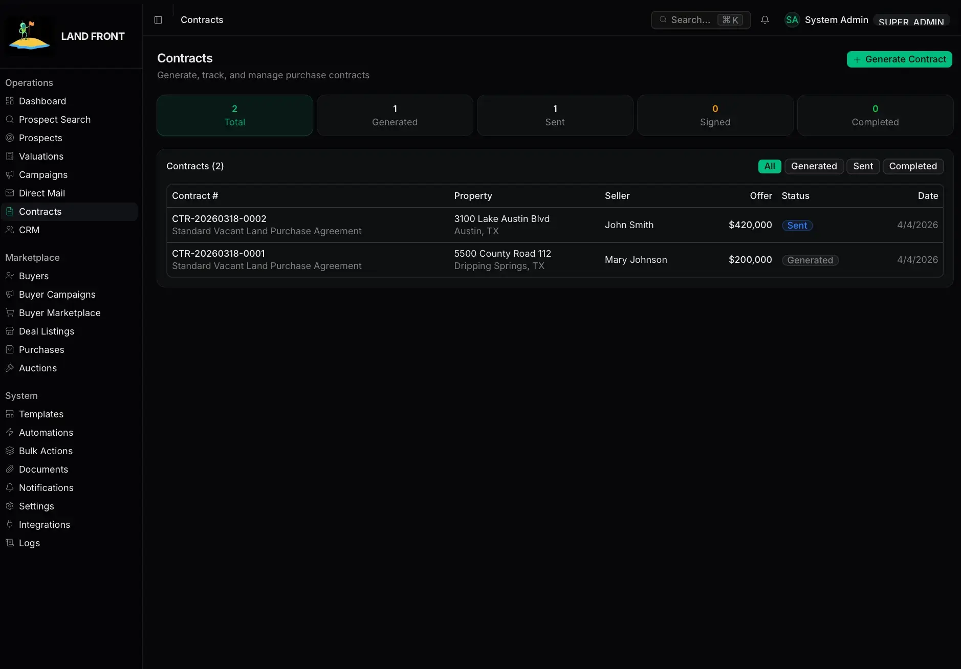 Contracts screen with status tiles (2 total, 1 generated, 1 sent) and a table of two vacant land purchase agreements listing property, seller, offer, and status.