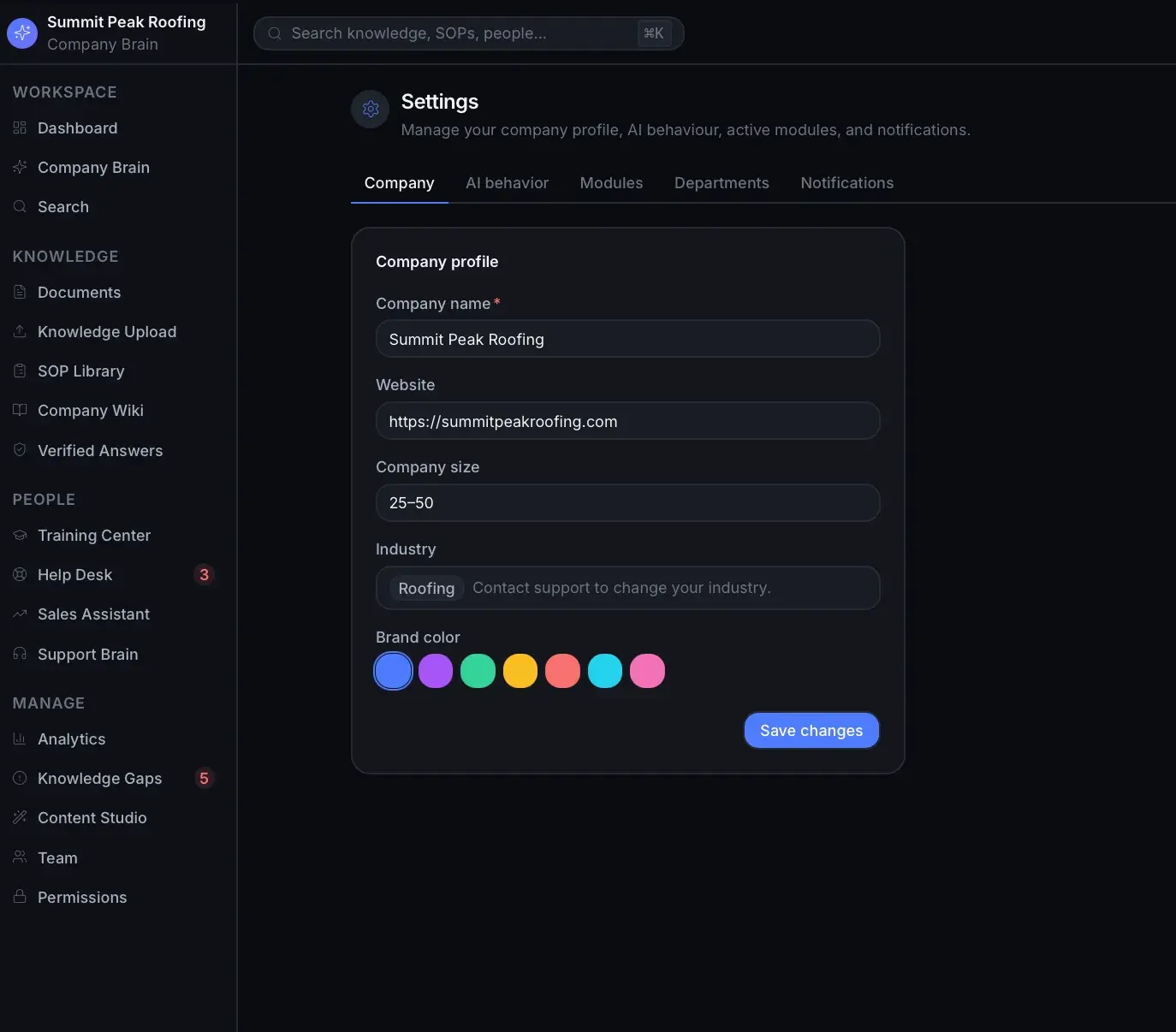 Settings Company tab with a company-profile form for name, website, size, industry, and a brand-color picker.