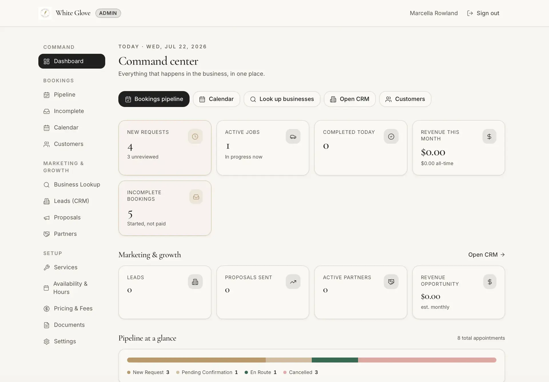 Admin Command center dashboard with stat tiles for new requests, active jobs, completed today, revenue, plus a marketing row and pipeline bar