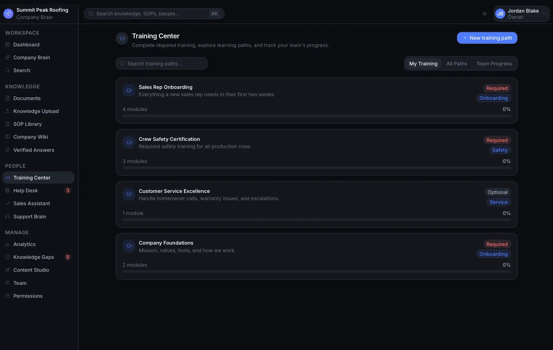 Training Center 'My Training' view listing training paths (onboarding, safety, service) with required/optional tags, module counts, and 0% progress bars.