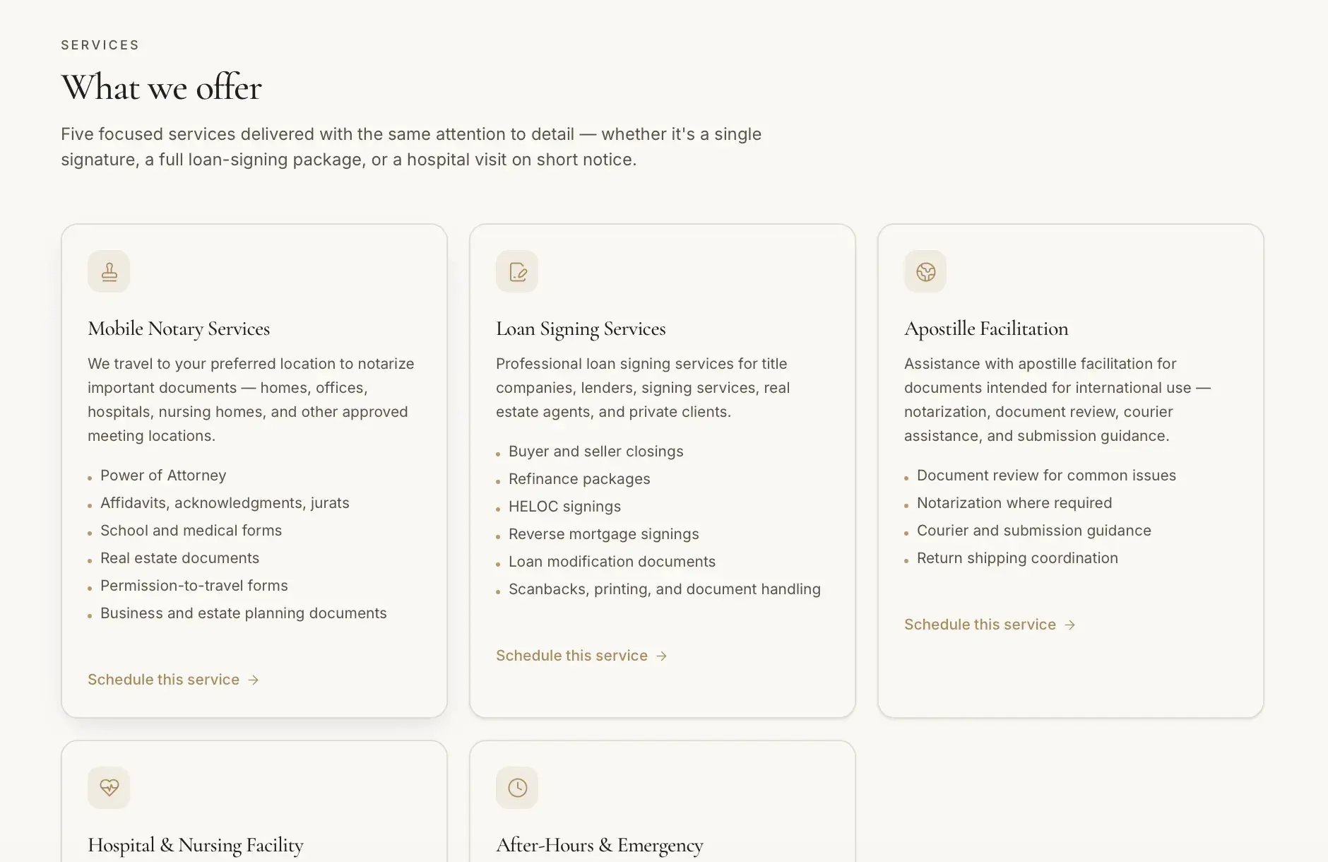 White Glove notary marketing 'What we offer' services section with cards for Mobile Notary, Loan Signing, Apostille Facilitation, plus Hospital and After-Hours