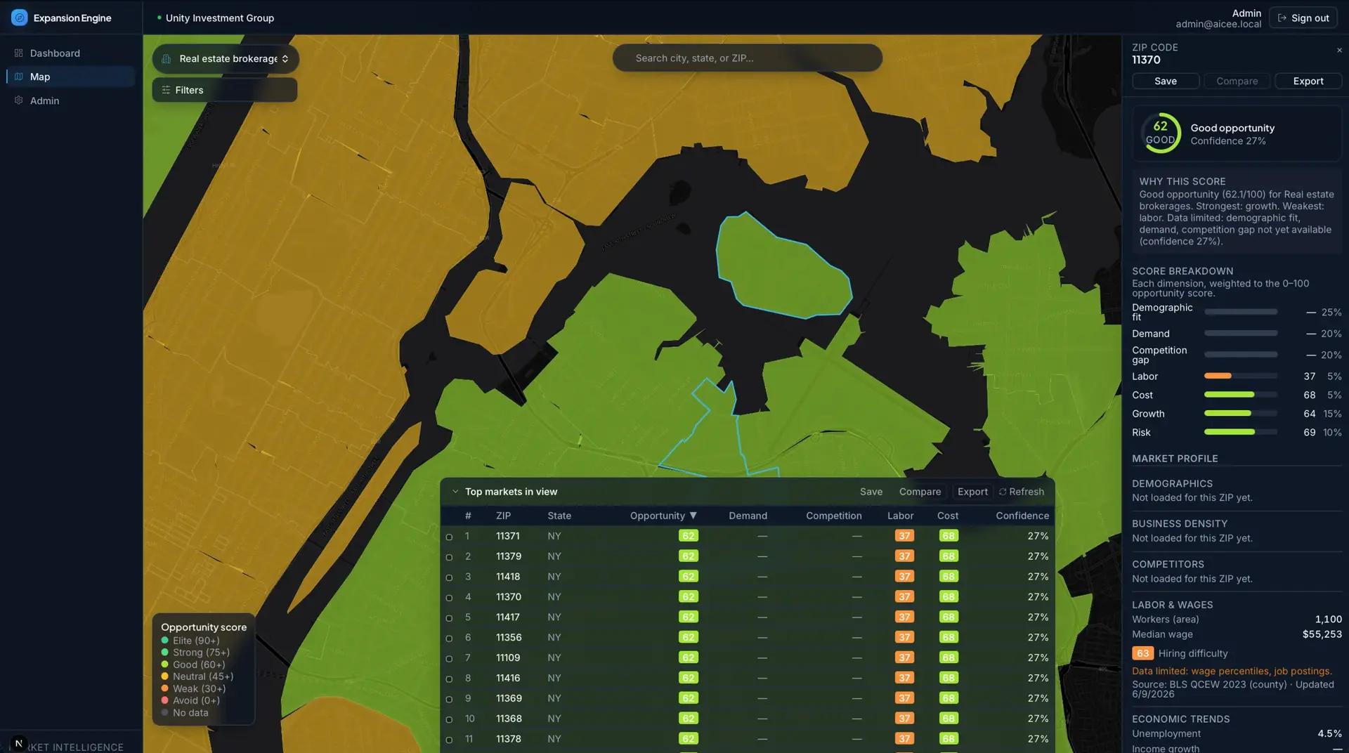 Expansion Engine map zoomed into NYC harbor ZIP zones for real estate brokerages, with ZIP 11370 selected and its weighted score breakdown shown in the side panel.