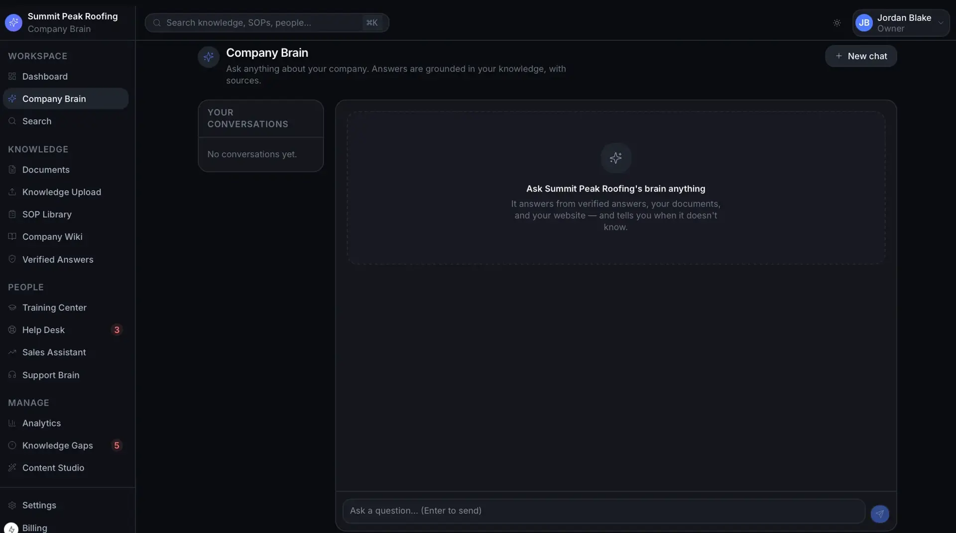 Company Brain chat page with an empty conversation state prompting the user to ask the company brain anything, and a question input at the bottom.