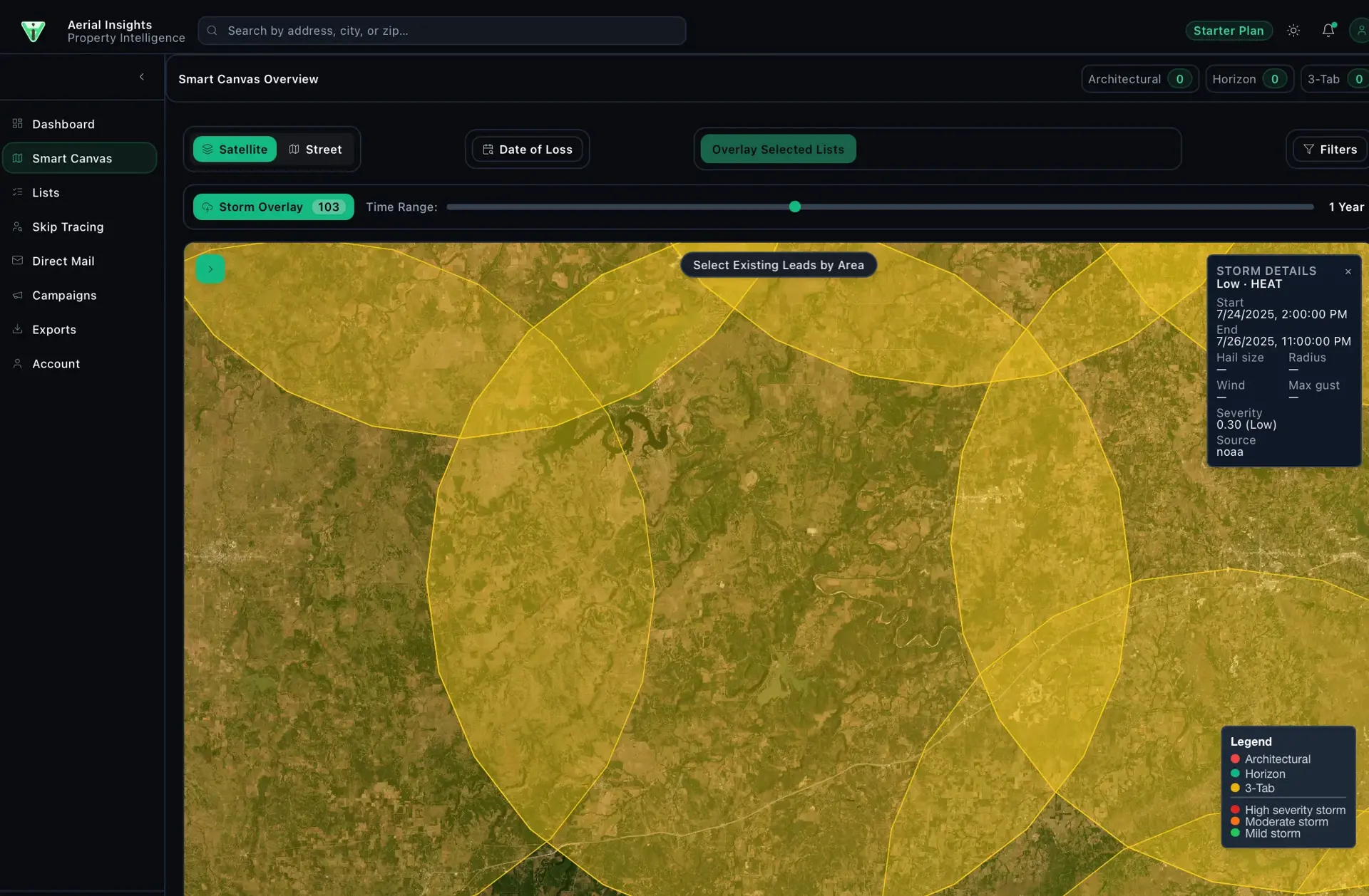 Aerial Insights Smart Canvas zoomed in with yellow storm circles and a Storm Details panel showing a low-severity HEAT event, start/end dates, 0.30 severity, and NOAA source.