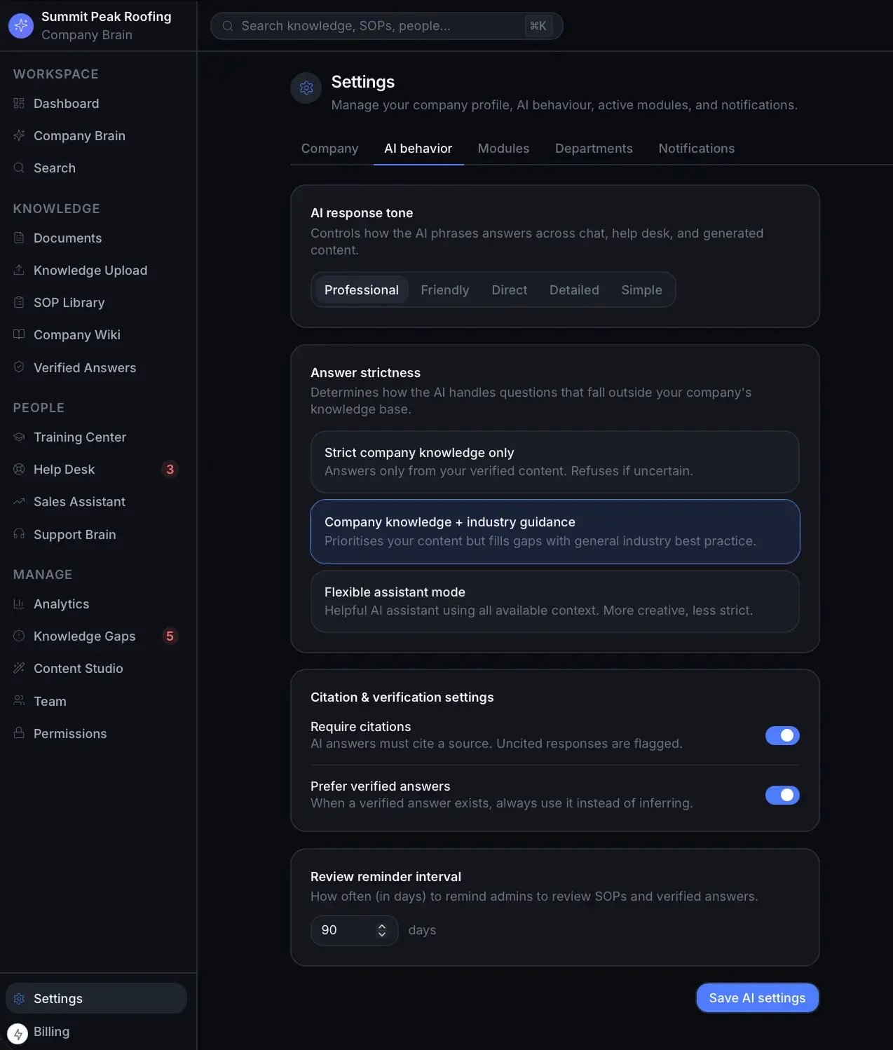 Settings AI behavior tab with response-tone options, answer-strictness modes, citation toggles, and a review-reminder interval.