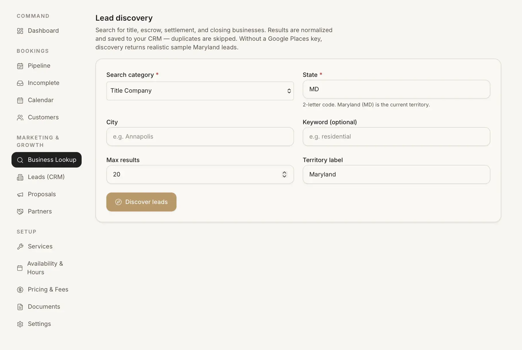 Lead discovery form to search title and closing businesses by category, state, city, and keyword, with a Discover leads button