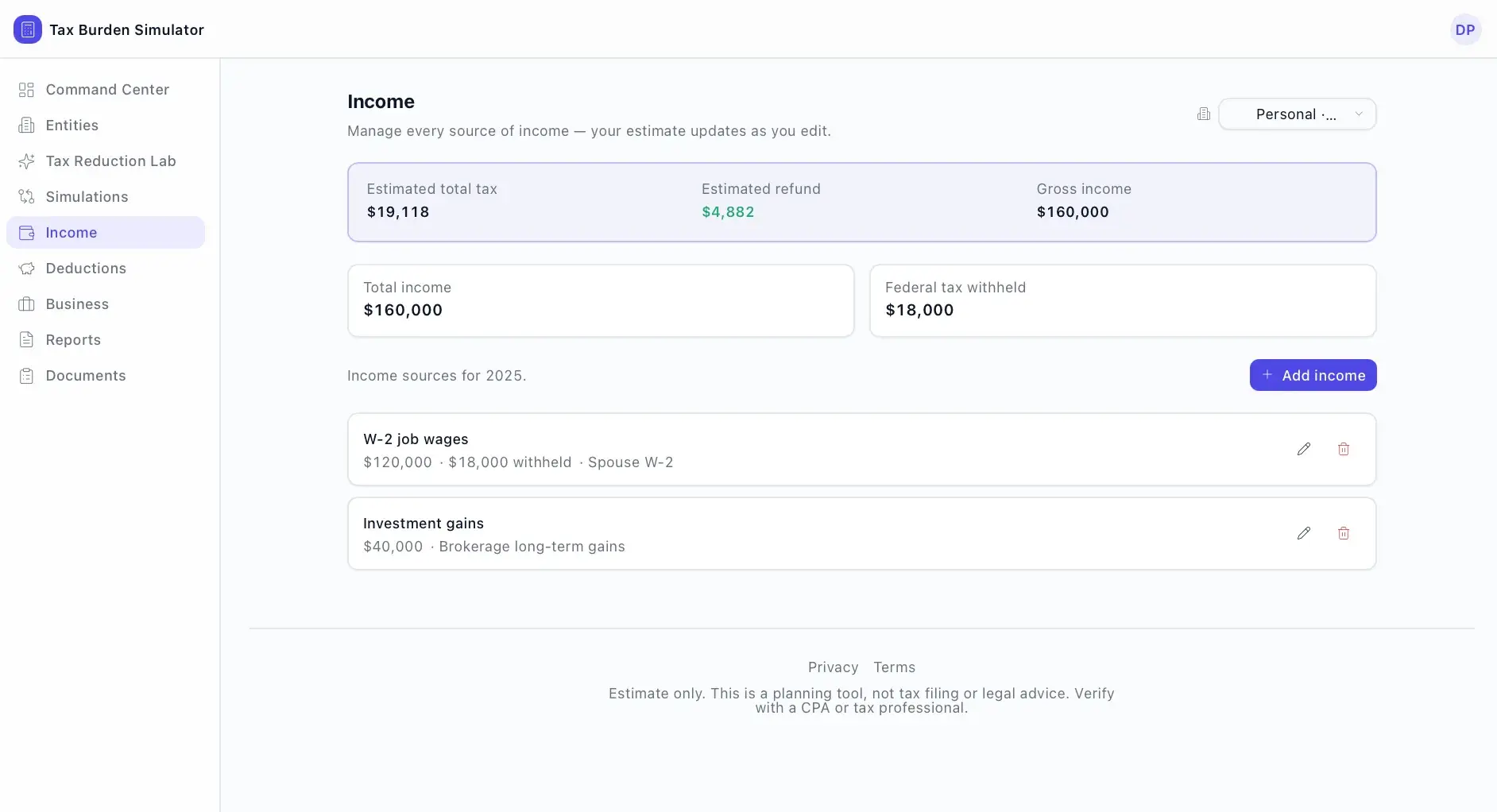 Tax Burden Simulator Income page listing income sources (W-2 wages, investment gains) with totals for estimated tax, refund, gross income, and federal tax withheld.