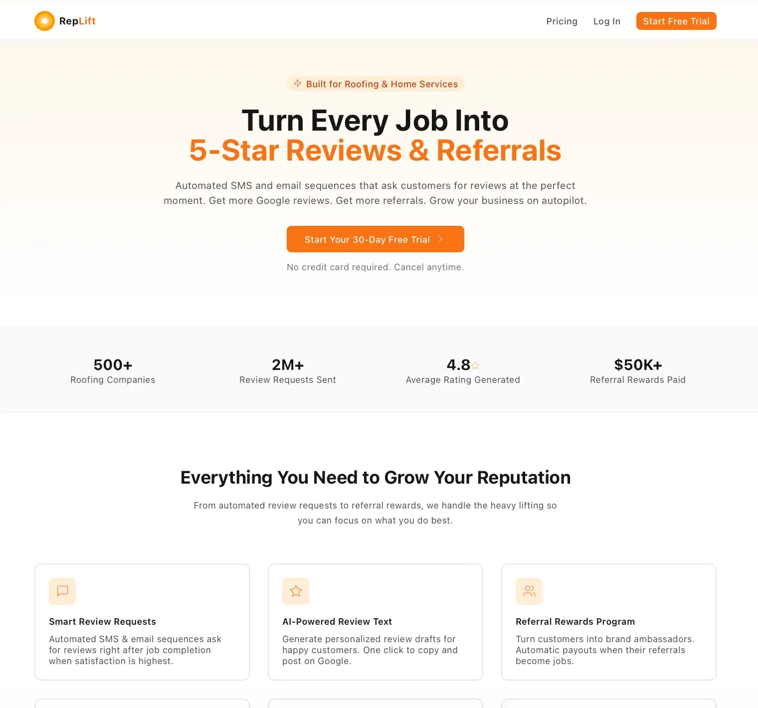 RepLift marketing landing page headlined Turn Every Job Into 5-Star Reviews & Referrals, with trial button, stat row, and feature cards for review requests and referral rewards
