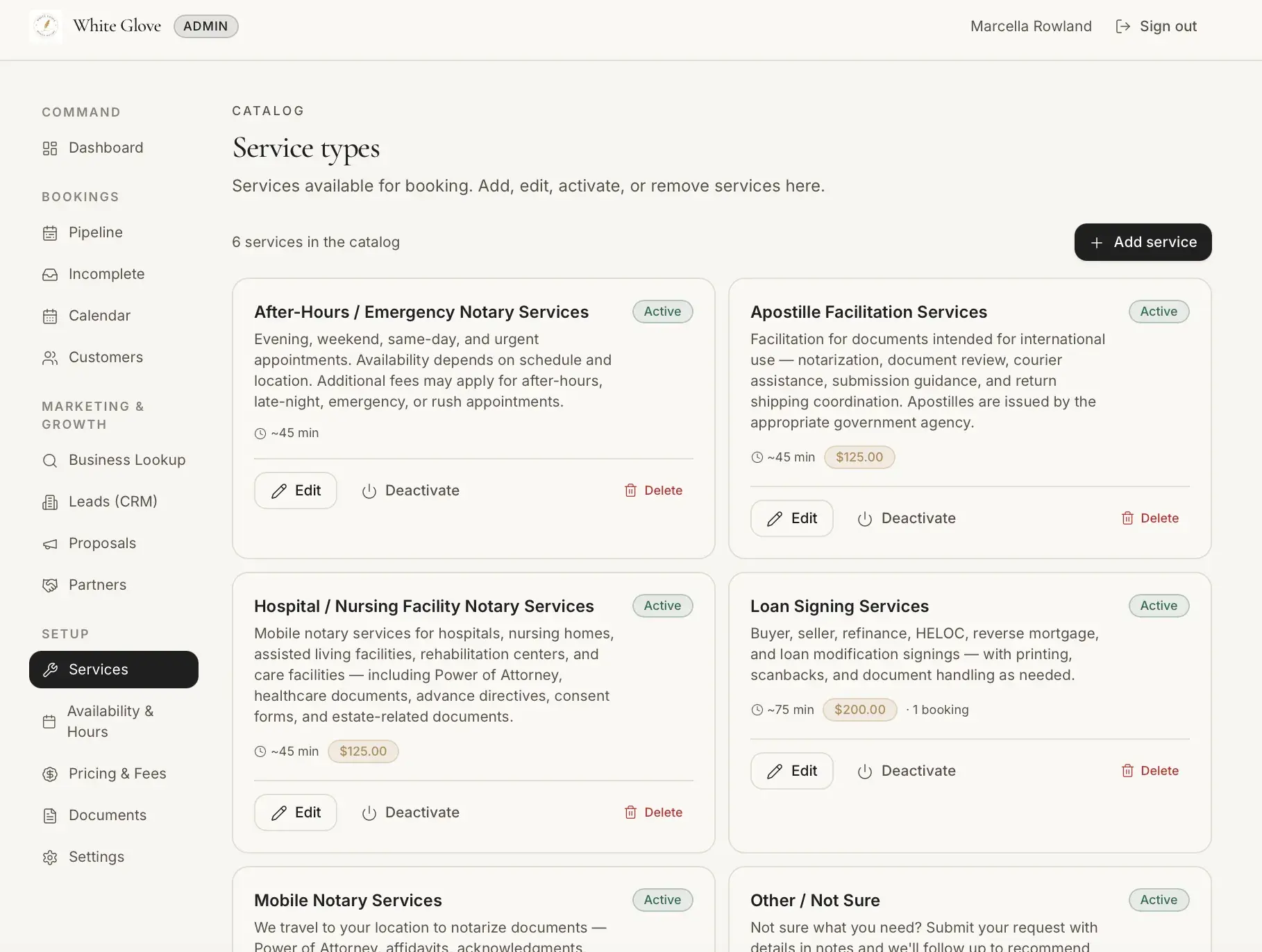 Admin 'Service types' catalog showing six services as cards with descriptions, durations, prices, Active badges, and Edit/Deactivate/Delete controls