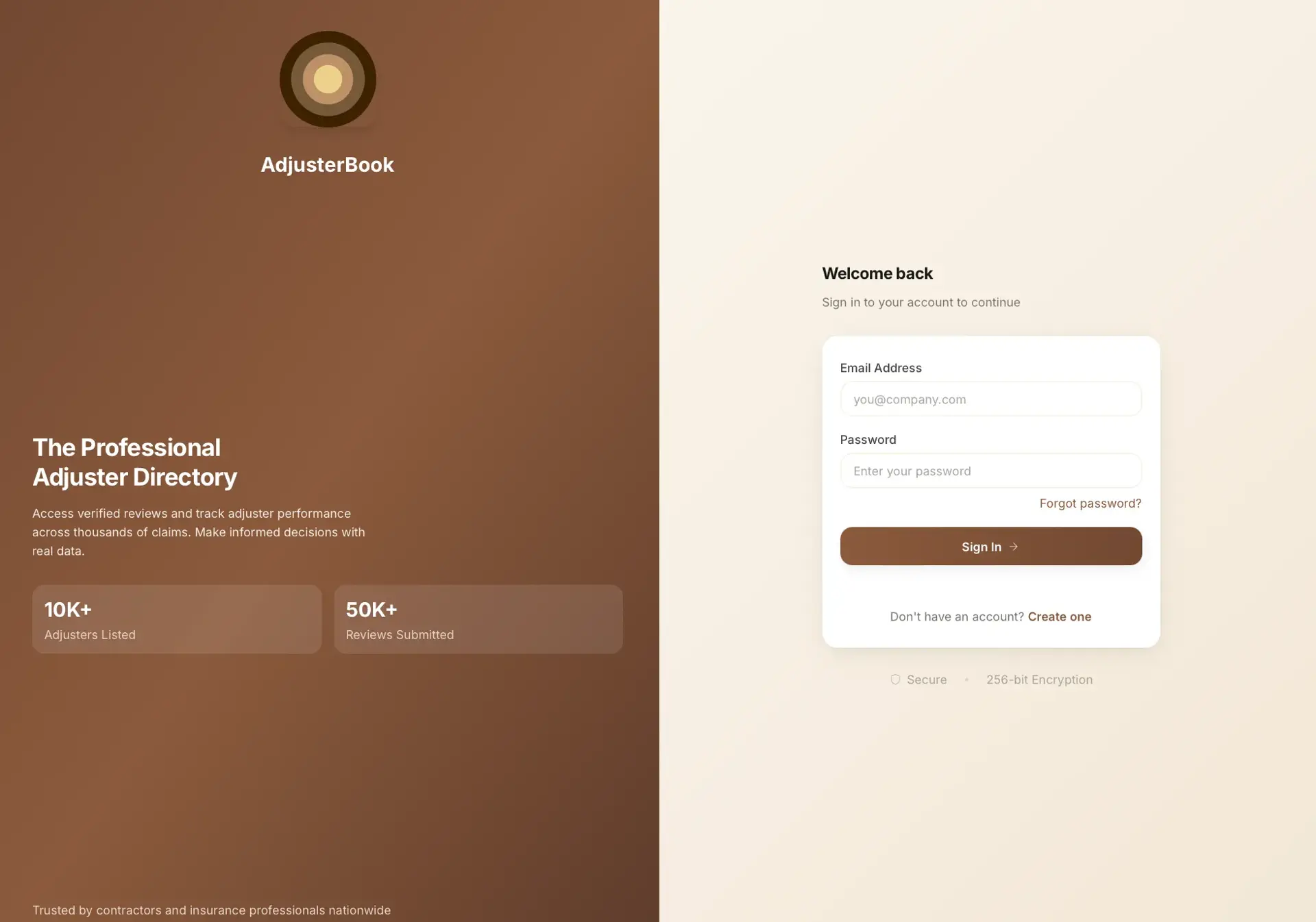 AdjusterBook sign-in screen with email and password fields beside a brown panel describing the professional adjuster directory.