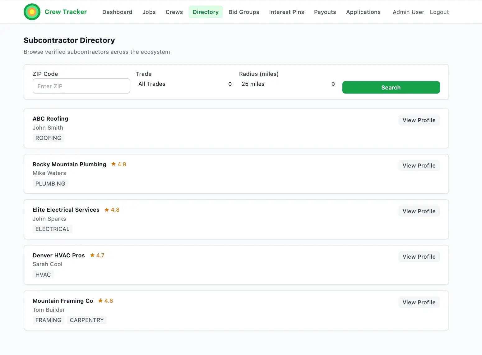 Crew Tracker Subcontractor Directory with ZIP, trade, and radius search filters and cards for verified subcontractors with ratings and View Profile buttons