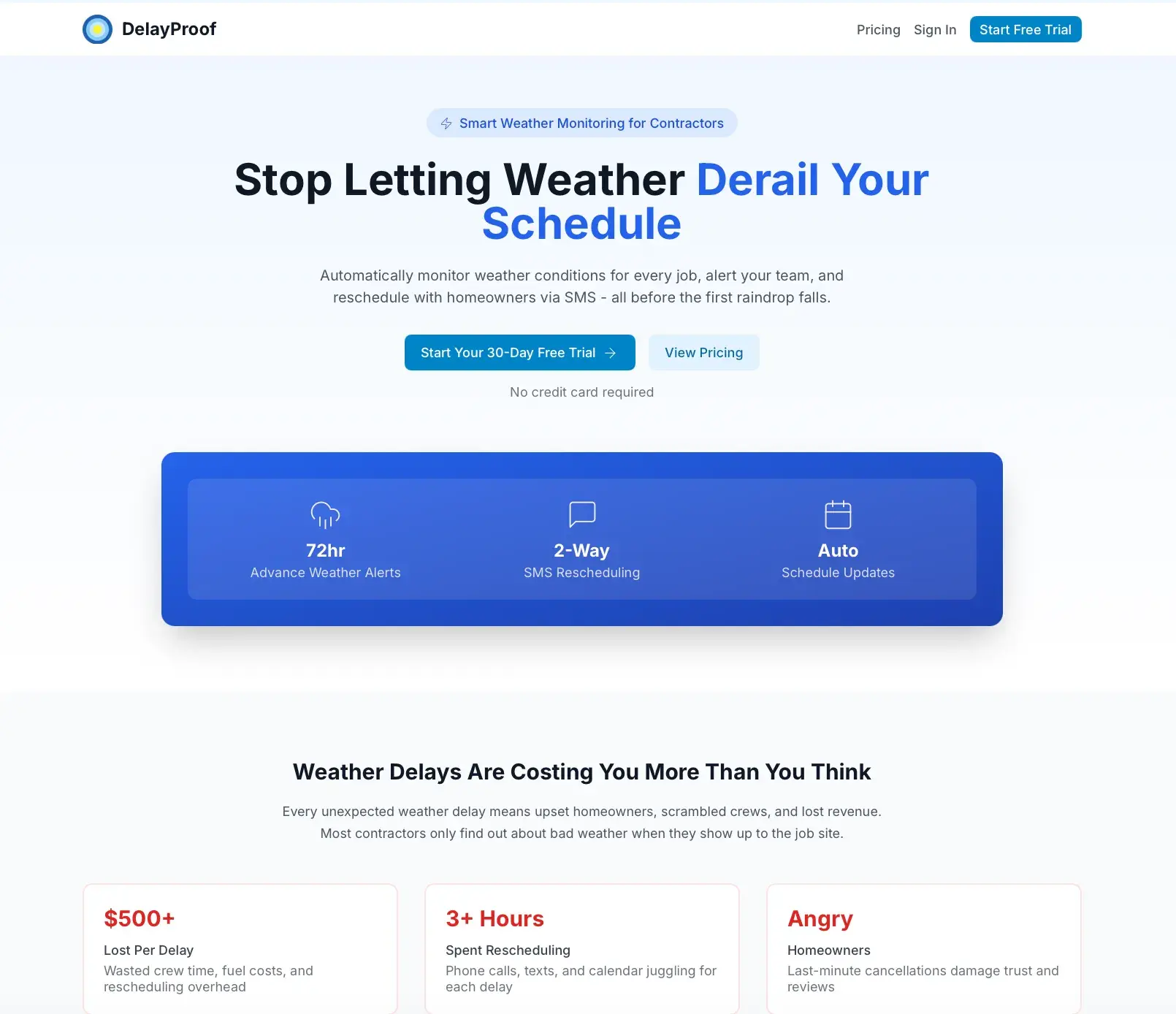DelayProof marketing landing page headed "Stop Letting Weather Derail Your Schedule" with free-trial buttons, feature highlights, and a cost-of-delays section.