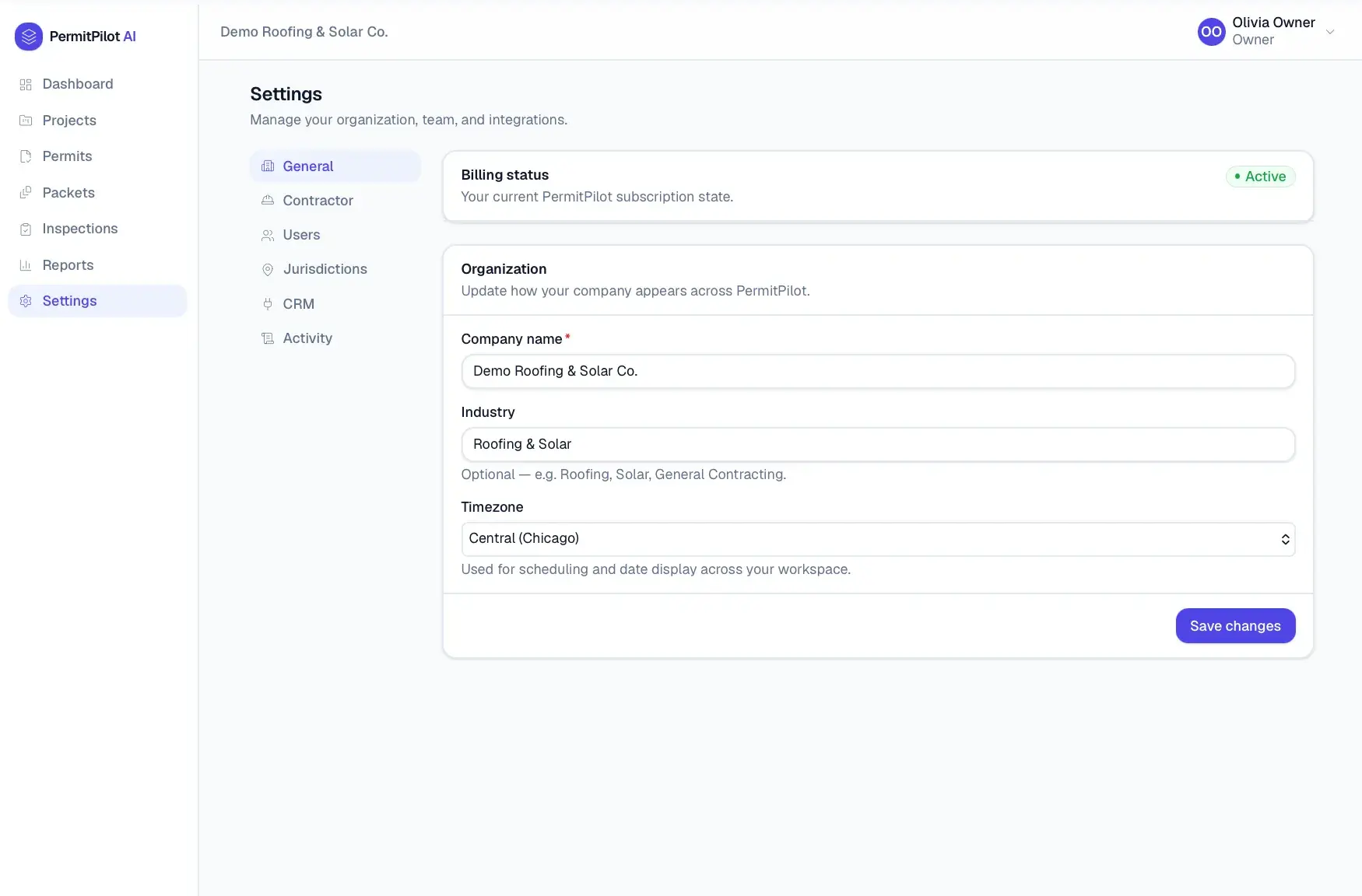 PermitPilot Settings General tab showing Active billing status and an organization form for company name, industry, and timezone
