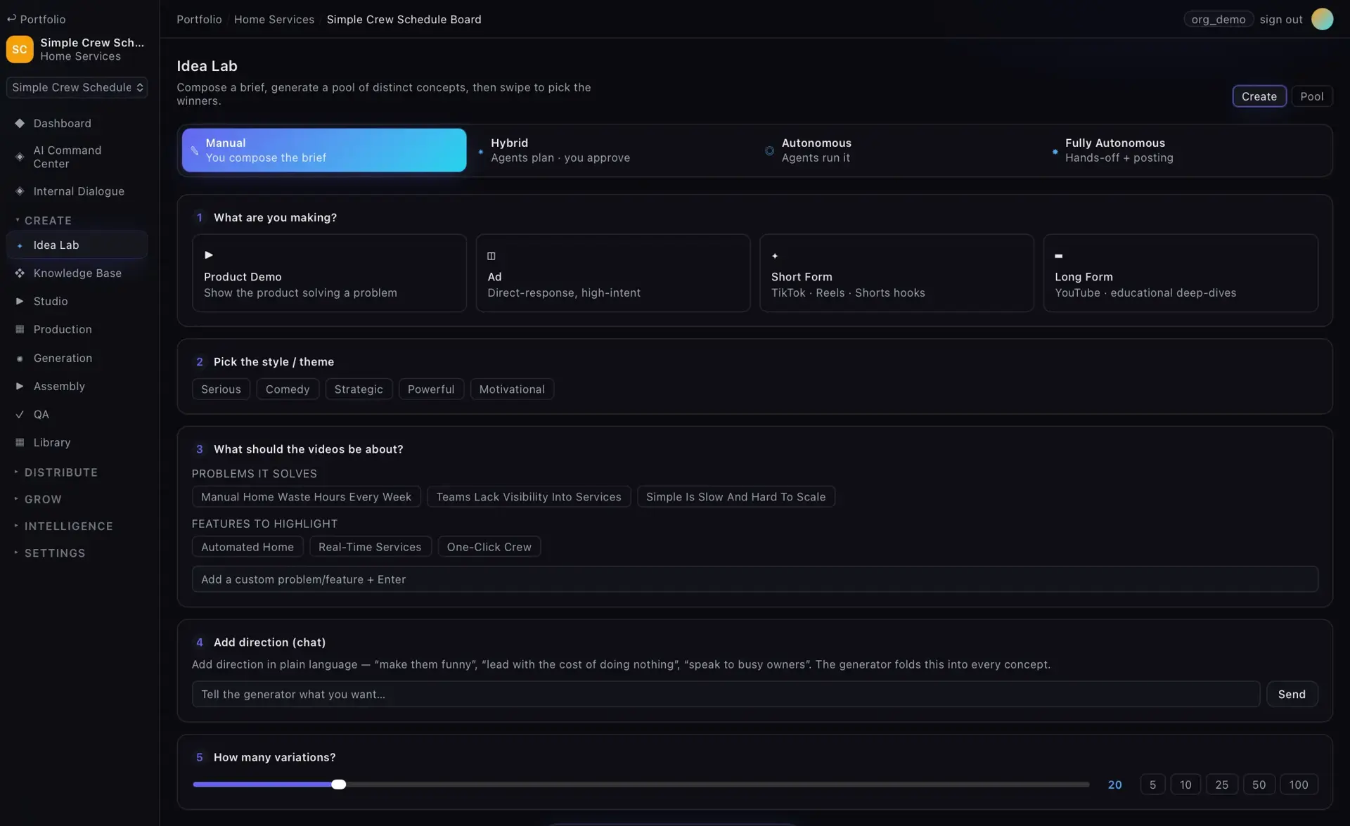 Idea Lab brief builder: pick content type, style/theme, problems and features to highlight, add chat direction, and set number of variations.