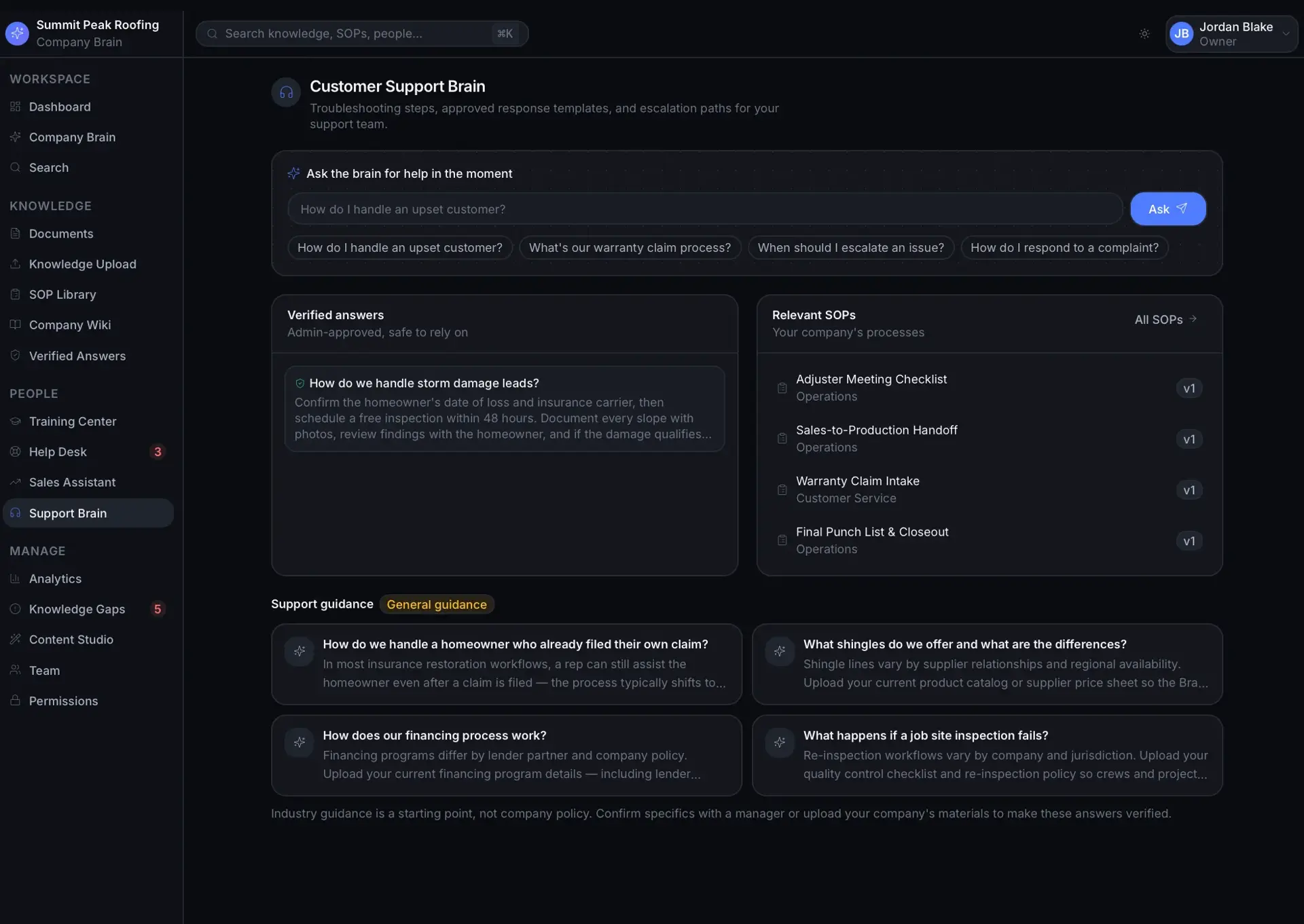 Customer Support Brain page with an ask box, a verified answer on storm damage leads, relevant support SOPs, and general support guidance cards.