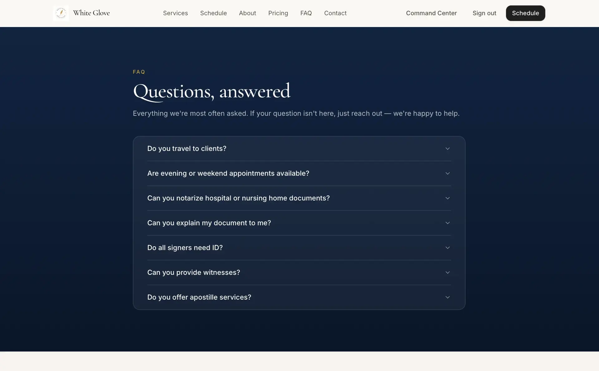 Dark FAQ page titled 'Questions, answered' with seven collapsed expandable questions about travel, appointments, IDs, witnesses, and apostilles