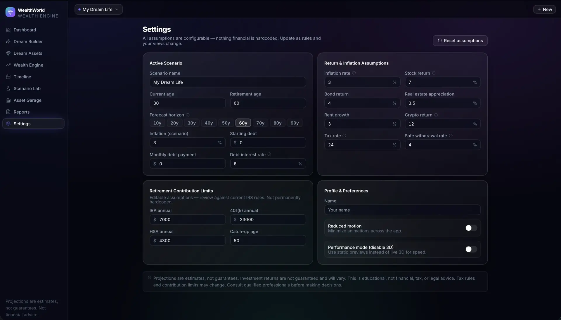 Settings screen with editable scenario, return and inflation assumptions, retirement contribution limits, and profile preferences including reduced-motion and performance-mode toggles.
