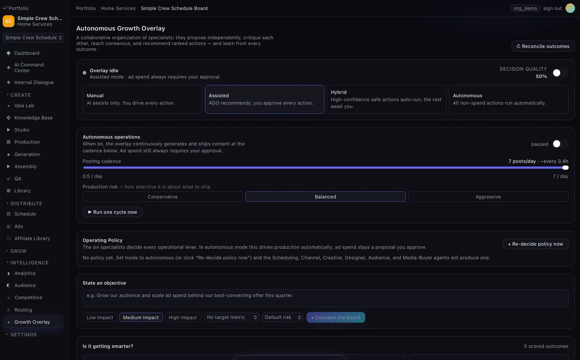 Autonomous Growth Overlay settings: mode selector (manual/assisted/hybrid/autonomous), posting cadence slider, production risk, and objective input.
