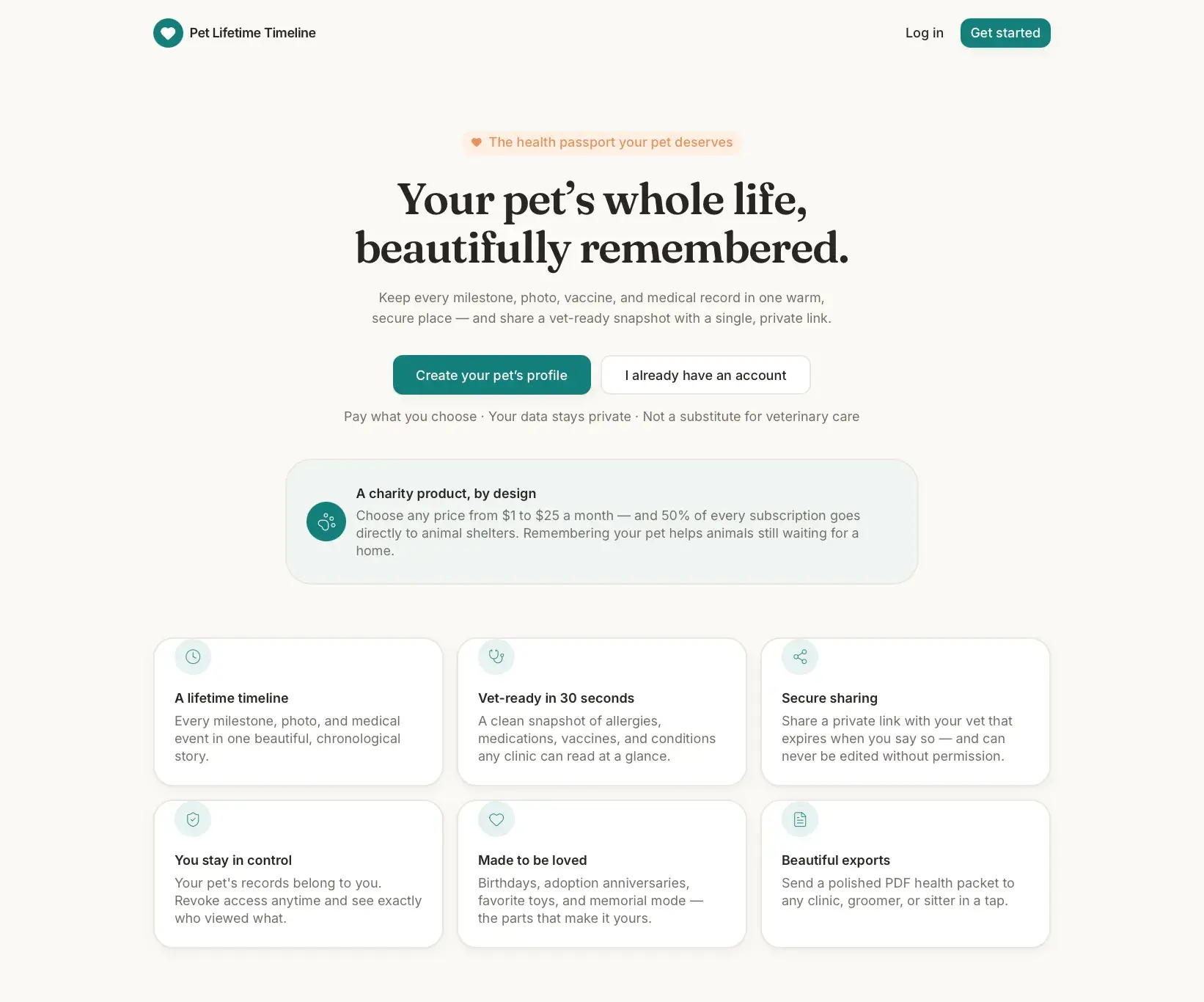 Pet Lifetime Timeline landing page headlined 'Your pet's whole life, beautifully remembered,' with sign-up buttons, a charity note, and a feature card grid.