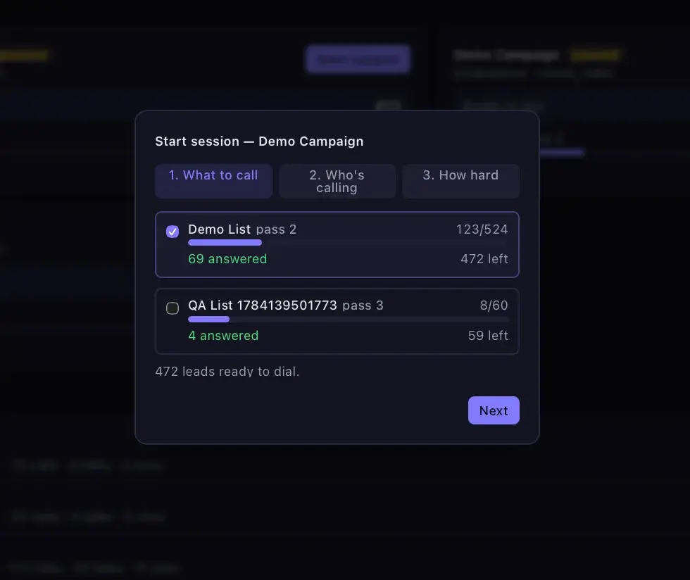 Start session modal, step 1 'What to call', selecting the Demo List (472 leads ready) over a QA list before proceeding.