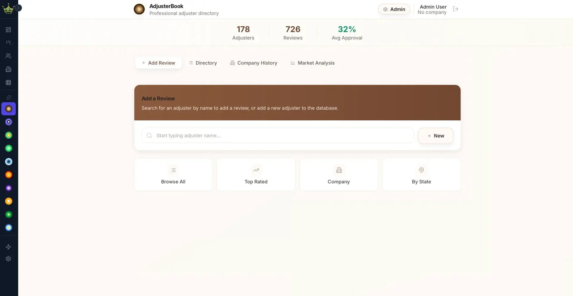 AdjusterBook professional adjuster directory home with stats (178 adjusters, 726 reviews, 32% avg approval), an Add Review search box, and Browse/Top Rated/Company/By State tiles